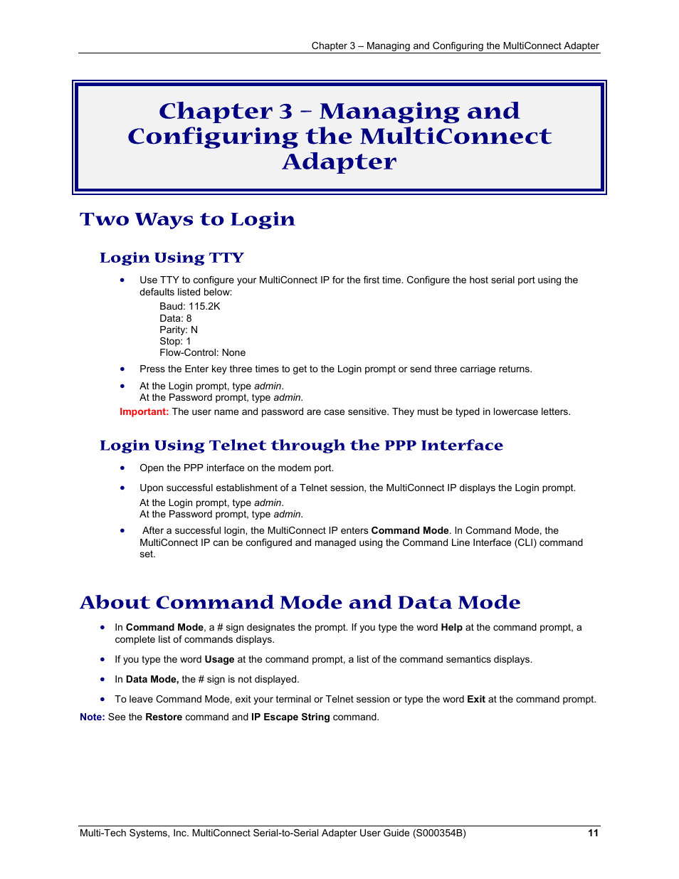 Two ways to login, About command mode and data mode, Login using tty | Login using telnet through the ppp interface | Multi-Tech Systems MultiConnect Adapter User Manual | Page 11 / 18