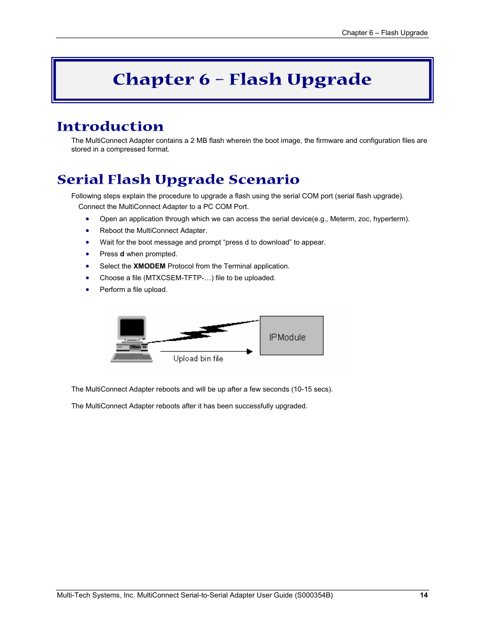 Chapter 6 – flash upgrade, Introduction, Serial flash upgrade scenario | Multi-Tech Systems MultiConnect Adapter User Manual | Page 14 / 18