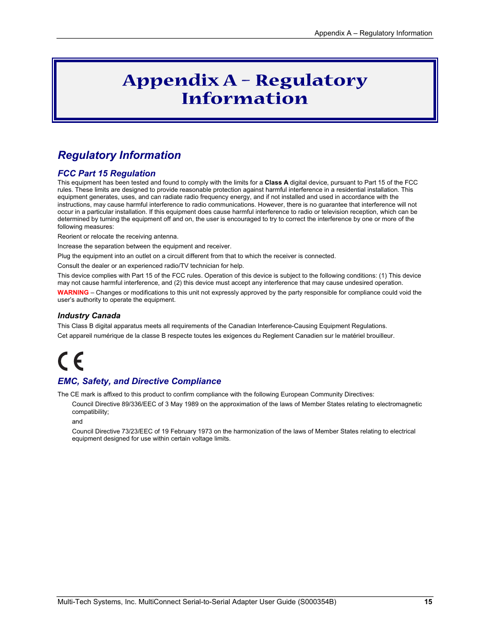 Appendix a – regulatory information, Regulatory information | Multi-Tech Systems MultiConnect Adapter User Manual | Page 15 / 18