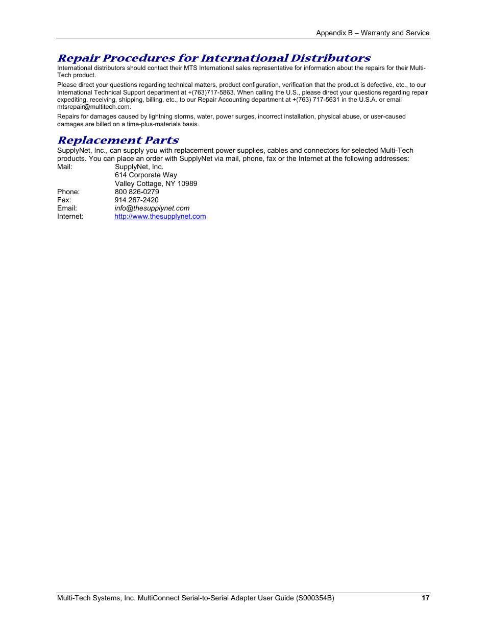 Repair procedures for international distributors, Replacement parts | Multi-Tech Systems MultiConnect Adapter User Manual | Page 17 / 18