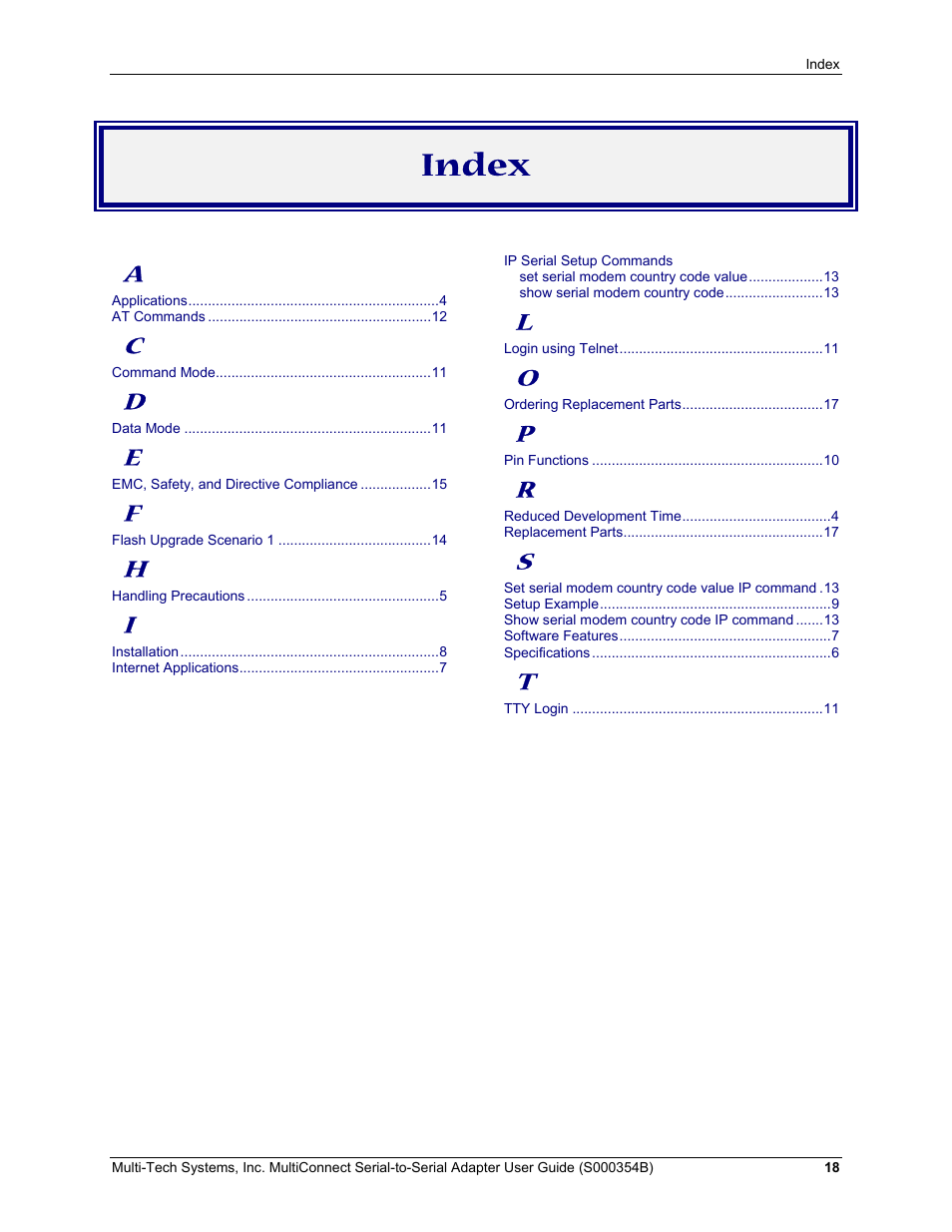 Index | Multi-Tech Systems MultiConnect Adapter User Manual | Page 18 / 18