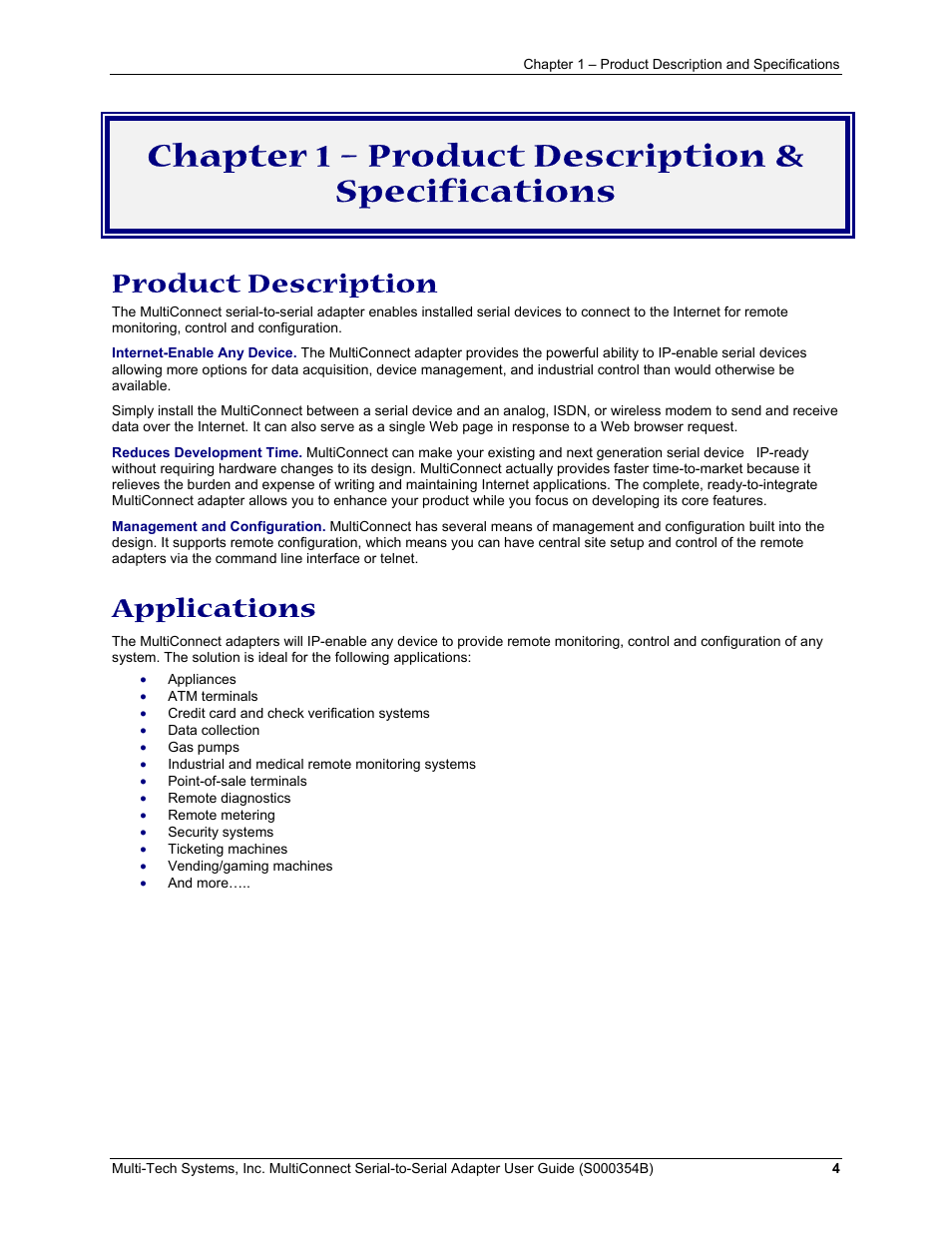 Chapter 1 – product description & specifications, Product description, Applications | Multi-Tech Systems MultiConnect Adapter User Manual | Page 4 / 18