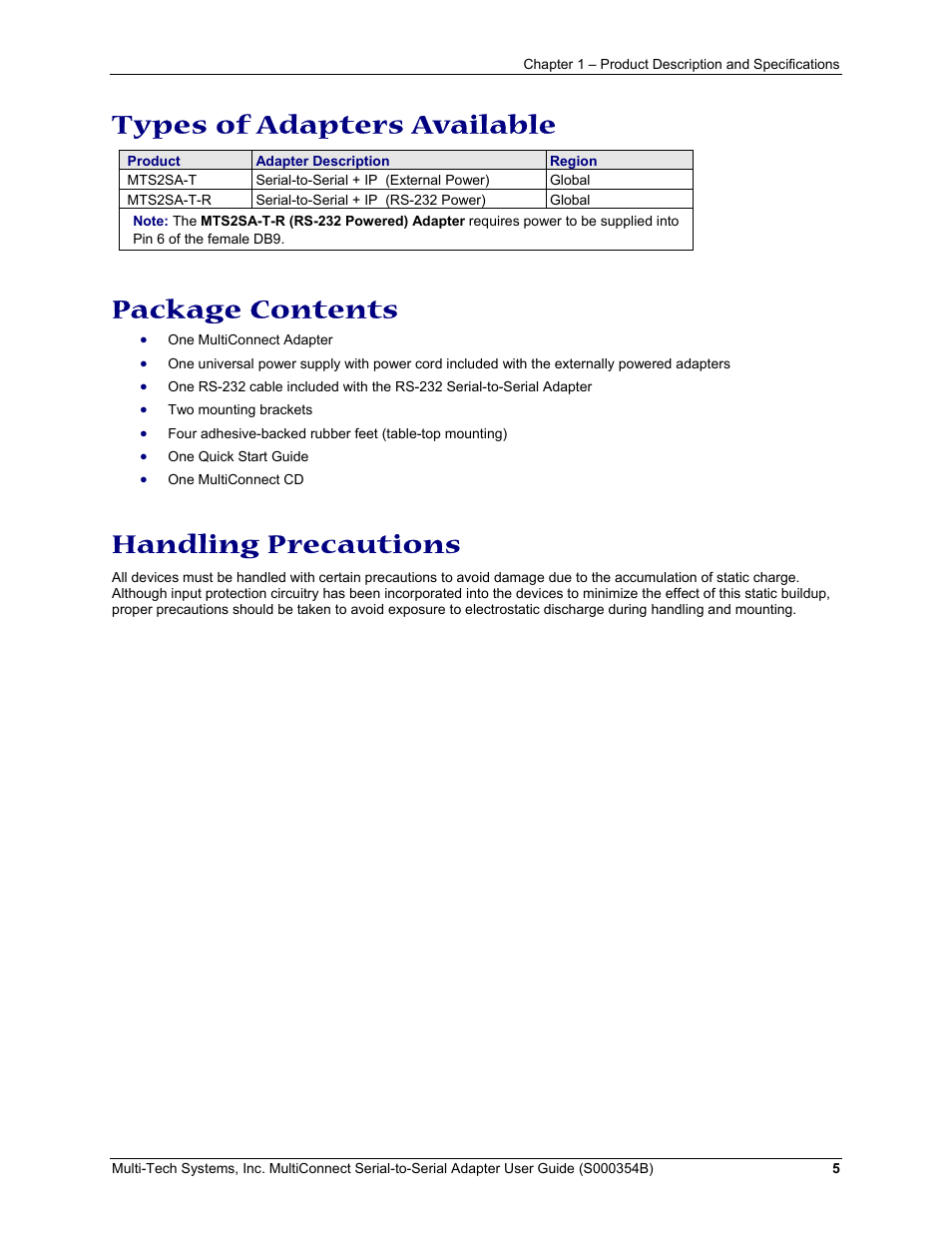 Types of adapters available, Package contents, Handling precautions | Multi-Tech Systems MultiConnect Adapter User Manual | Page 5 / 18
