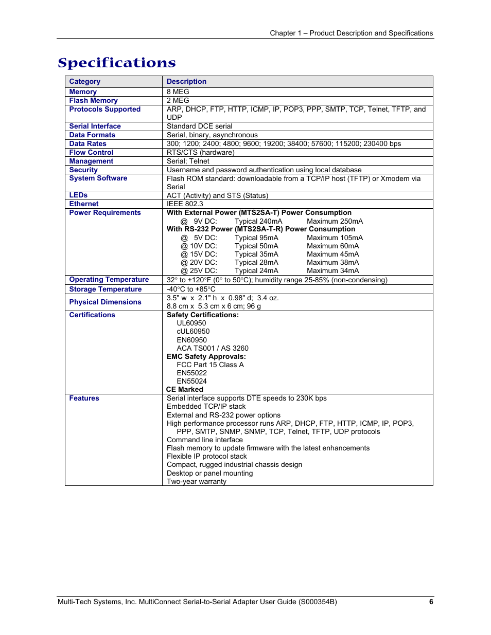 Specifications | Multi-Tech Systems MultiConnect Adapter User Manual | Page 6 / 18