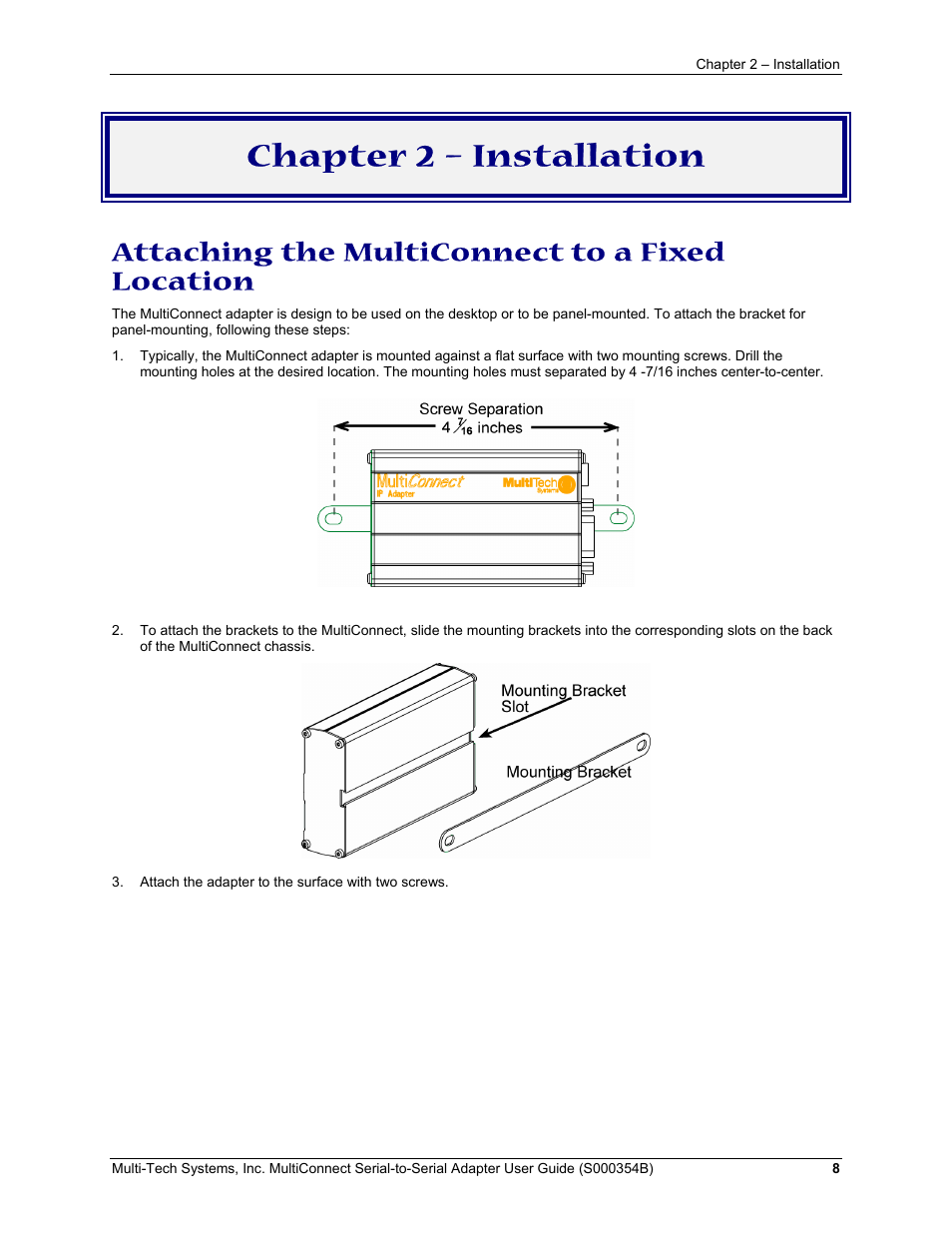 Chapter 2 – installation, Attaching the multiconnect to a fixed location | Multi-Tech Systems MultiConnect Adapter User Manual | Page 8 / 18