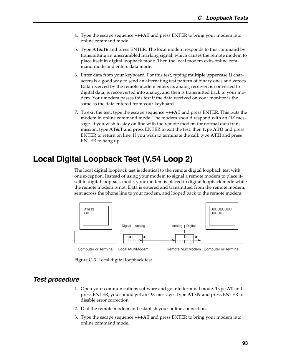 Local digital loopback test (v.54 loop 2), Local digital loopback test, Test procedure | C loopback tests | Multi-Tech Systems MT5634MSV User Manual | Page 101 / 114