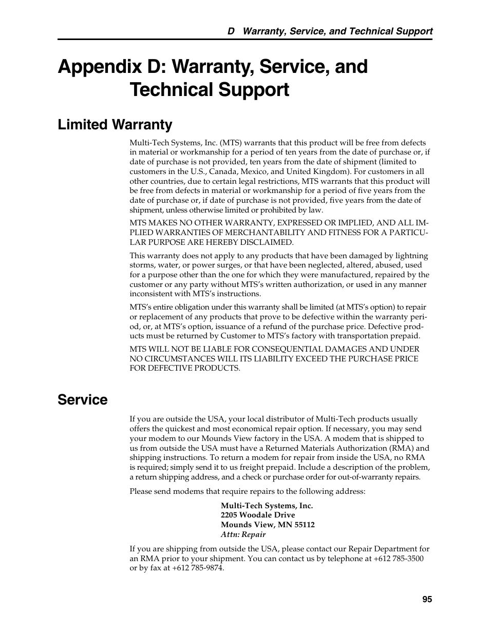 Limited warranty, Service, Repairs | Limited warranty service | Multi-Tech Systems MT5634MSV User Manual | Page 103 / 114