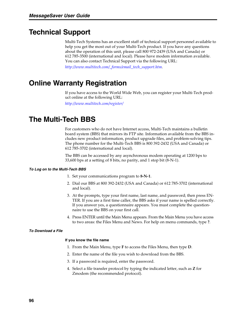 Technical support, Online warranty registration, The multi-tech bbs | To log on to the multi-tech bbs, To download a file, Registering your product, To log on to the multi-tech bbs to download a file | Multi-Tech Systems MT5634MSV User Manual | Page 104 / 114