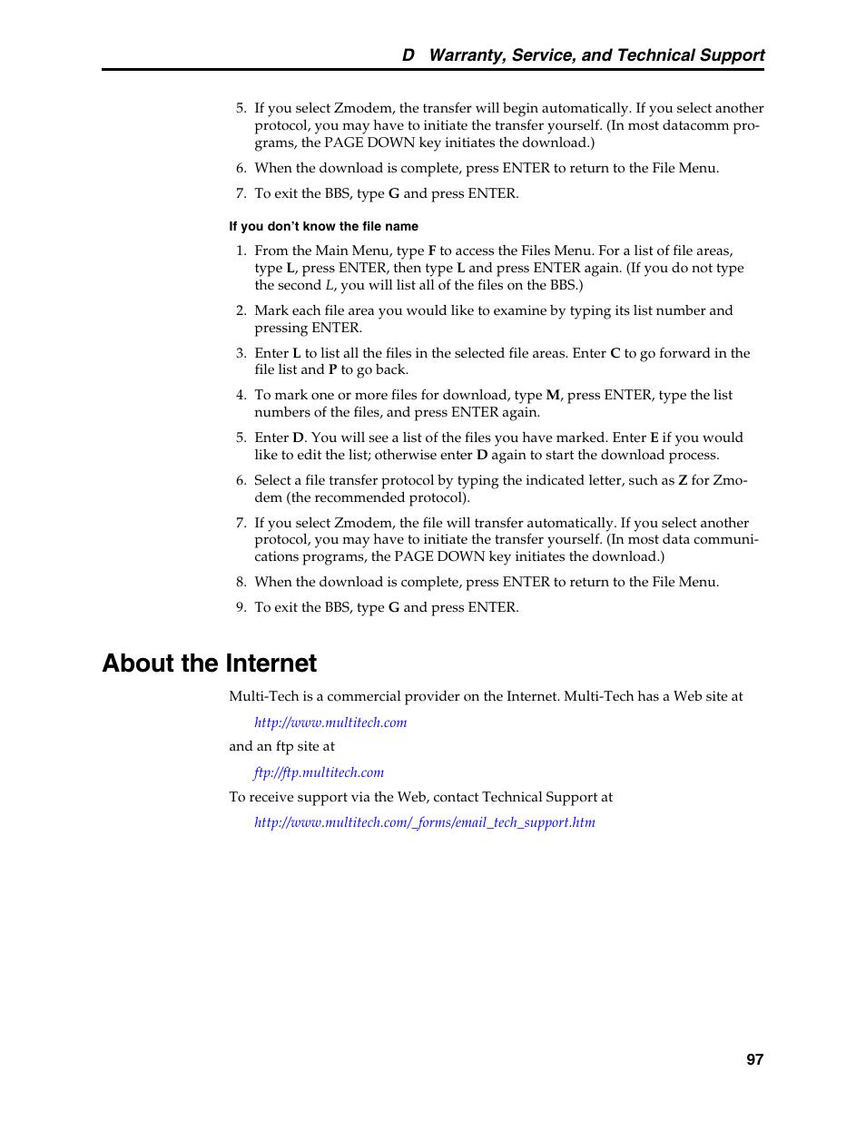 About the internet, Internet addresses, Multi-tech internet addresses | Multi-Tech Systems MT5634MSV User Manual | Page 105 / 114