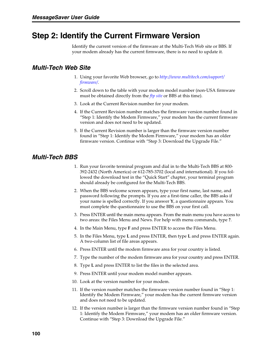Step 2: identify the current firmware version, Multi-tech web site, Multi-tech bbs | Multi-tech web site multi-tech bbs | Multi-Tech Systems MT5634MSV User Manual | Page 108 / 114