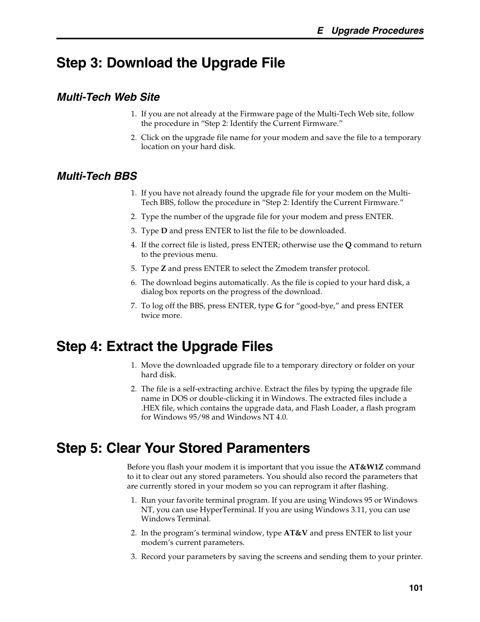 Step 3: download the upgrade file, Multi-tech web site, Multi-tech bbs | Step 4: extract the upgrade files, Step 5: clear your stored paramenters, Multi-tech web site multi-tech bbs | Multi-Tech Systems MT5634MSV User Manual | Page 109 / 114