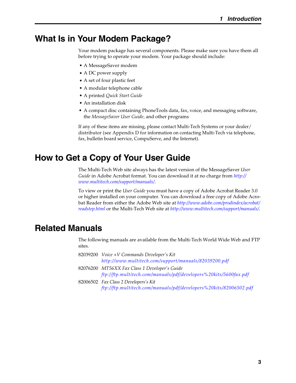 What is in your modem package, How to get a copy of your user guide, Related manuals | Package contents, User guide updates | Multi-Tech Systems MT5634MSV User Manual | Page 11 / 114