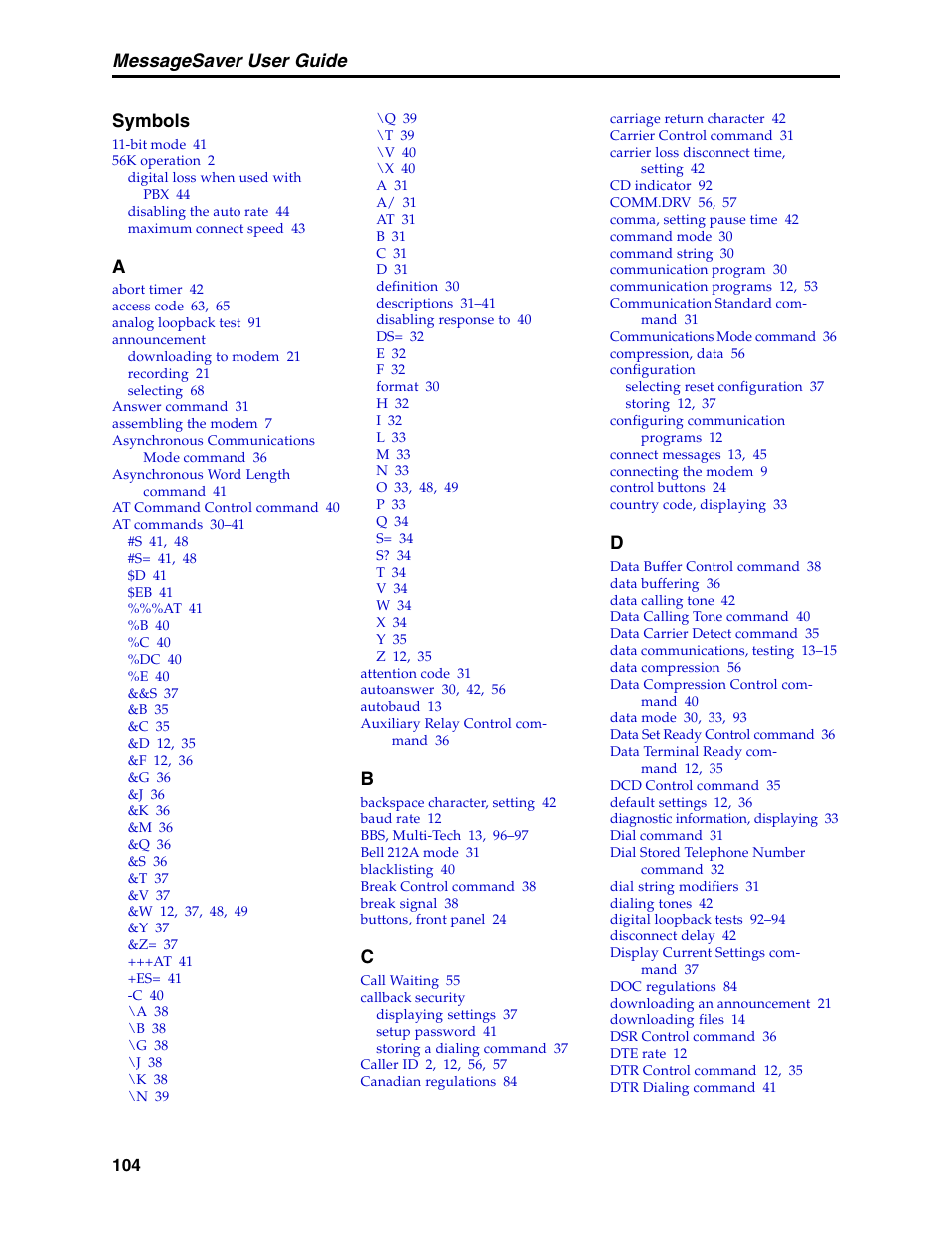 Index, Symbols, Announcement | Callback security, Configuration, Messagesaver user guide | Multi-Tech Systems MT5634MSV User Manual | Page 112 / 114