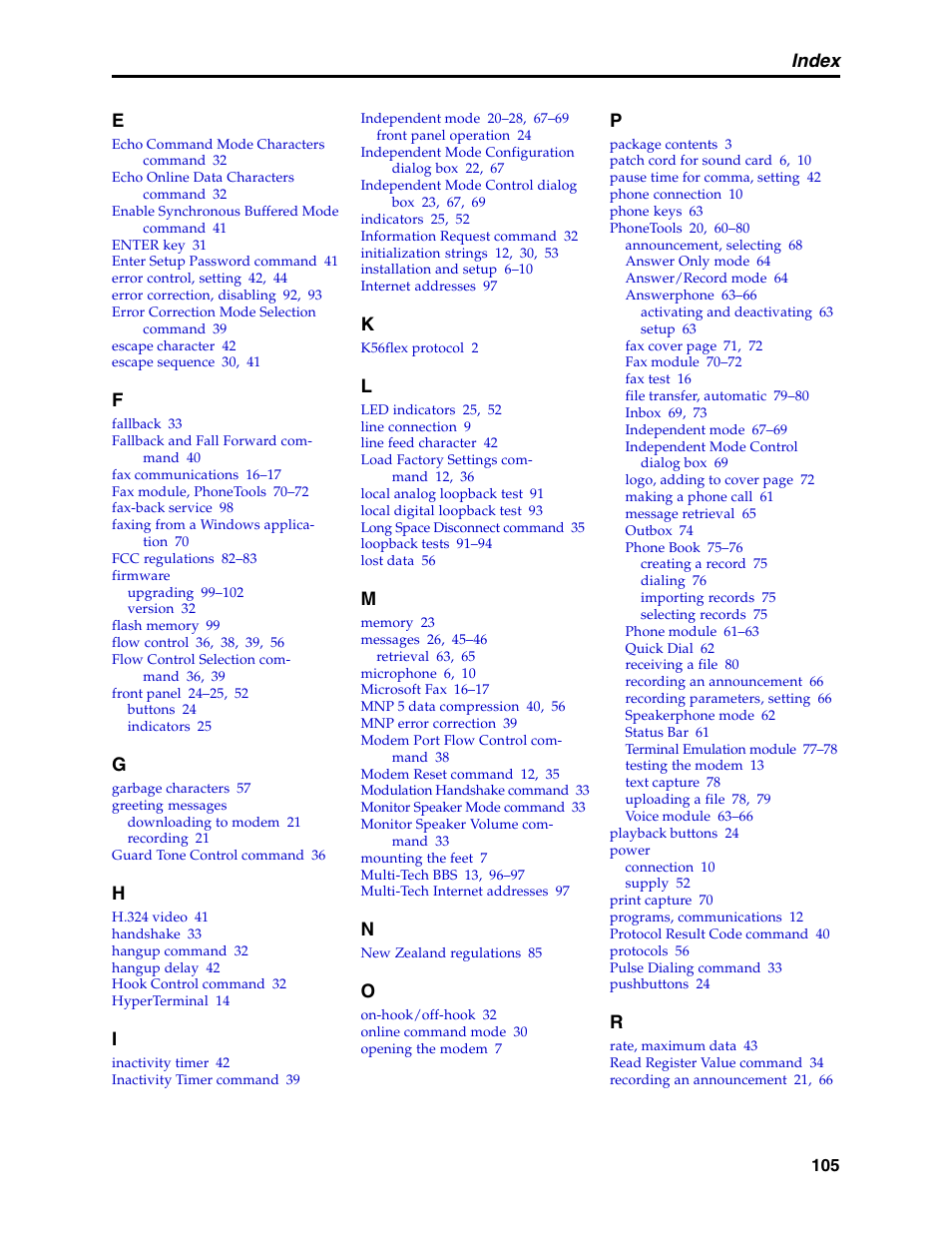 Firmware, Greeting messages, Power | Index | Multi-Tech Systems MT5634MSV User Manual | Page 113 / 114