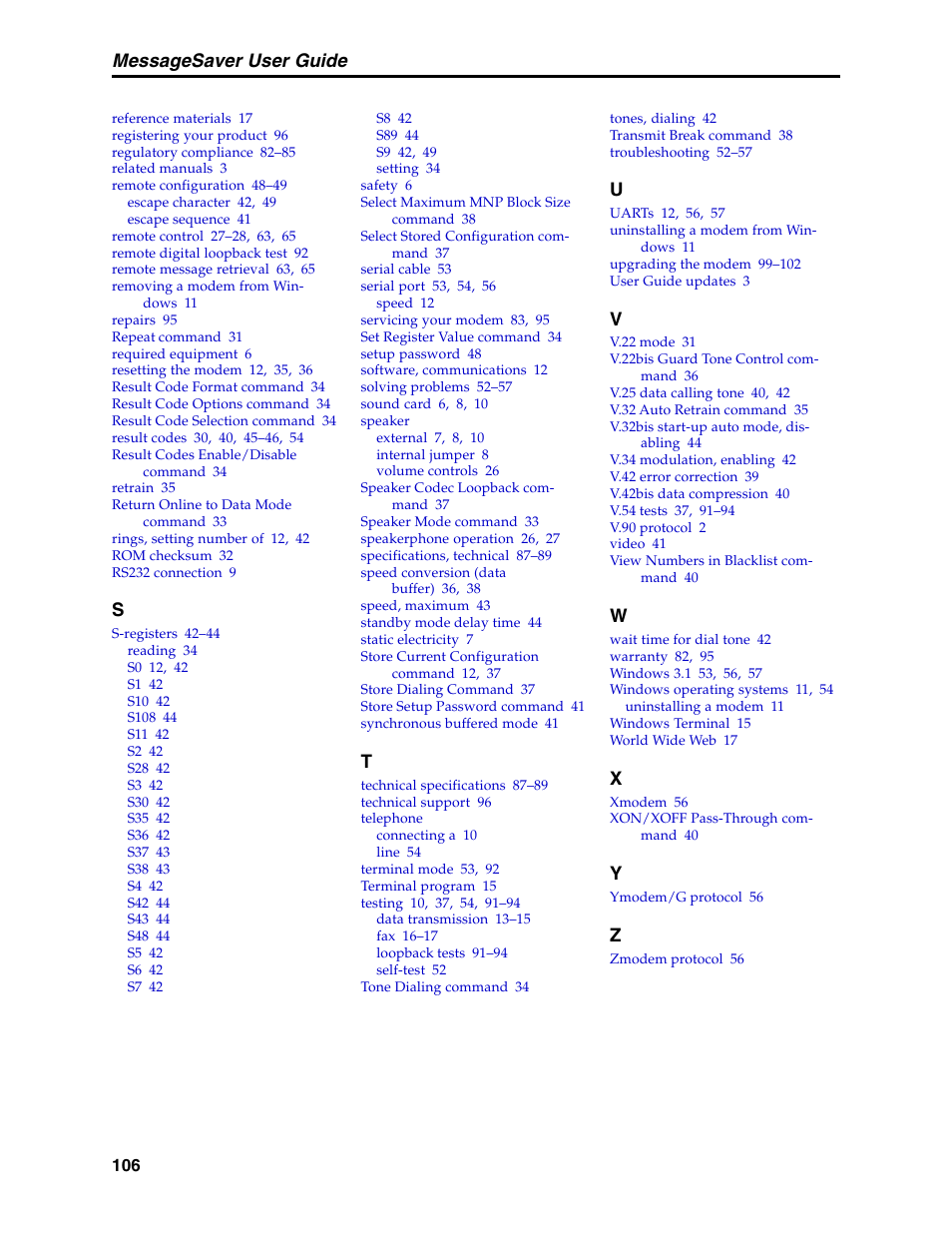 Speaker, Telephone, Messagesaver user guide | Multi-Tech Systems MT5634MSV User Manual | Page 114 / 114