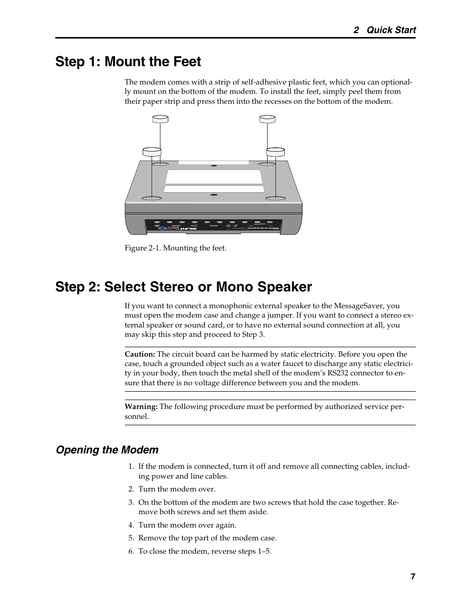 Step 1: mount the feet, Step 2: select stereo or mono speaker, Opening the modem | Assembling the modem, Mounting the feet, External, Static electricity | Multi-Tech Systems MT5634MSV User Manual | Page 15 / 114