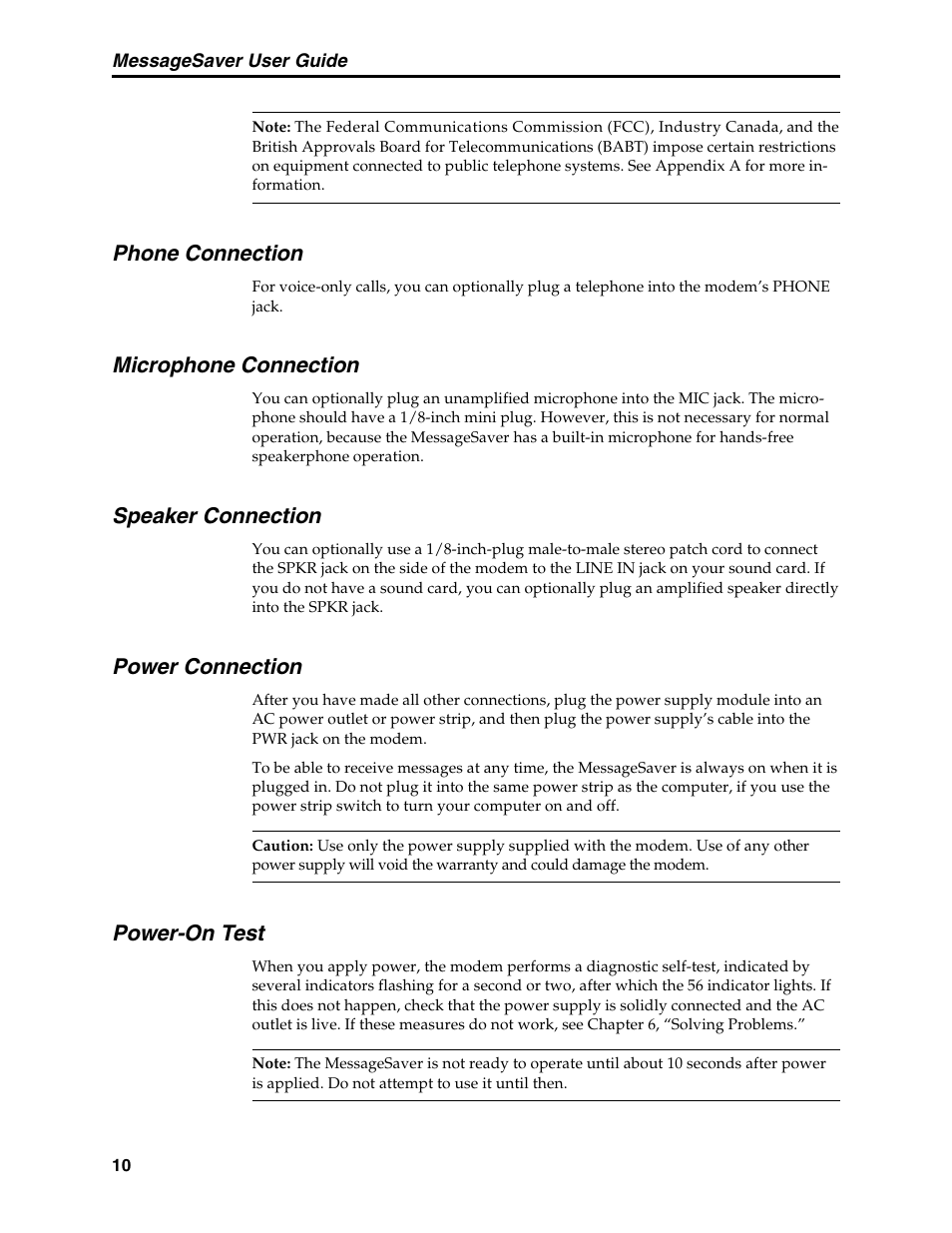 Phone connection, Microphone connection, Speaker connection | Power connection, Power-on test, Connection, Connecting a, Testing | Multi-Tech Systems MT5634MSV User Manual | Page 18 / 114