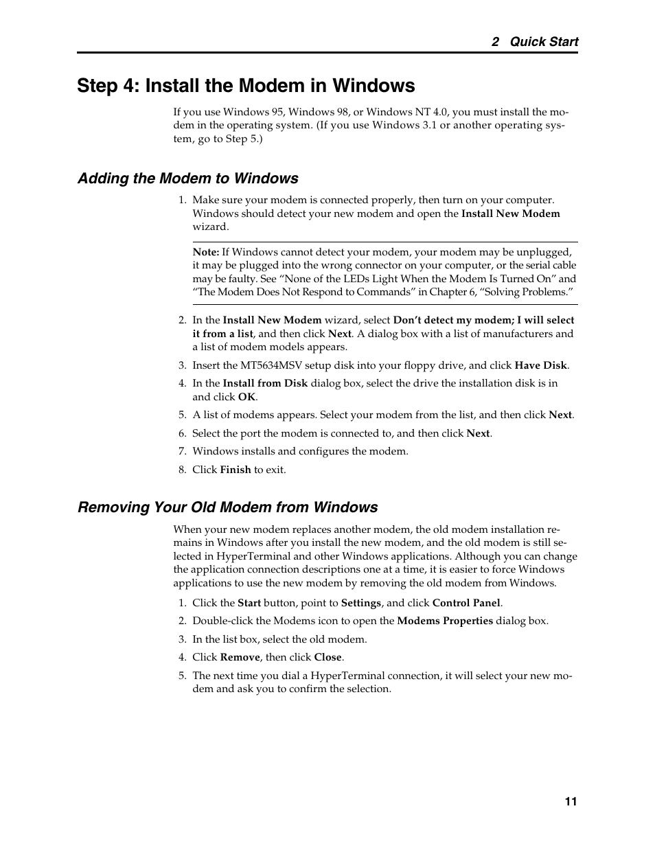 Step 4: install the modem in windows, Adding the modem to windows, Removing your old modem from windows | Removing a modem from windows, Uninstalling a modem from windows, Windows operating systems, Uninstalling a modem | Multi-Tech Systems MT5634MSV User Manual | Page 19 / 114
