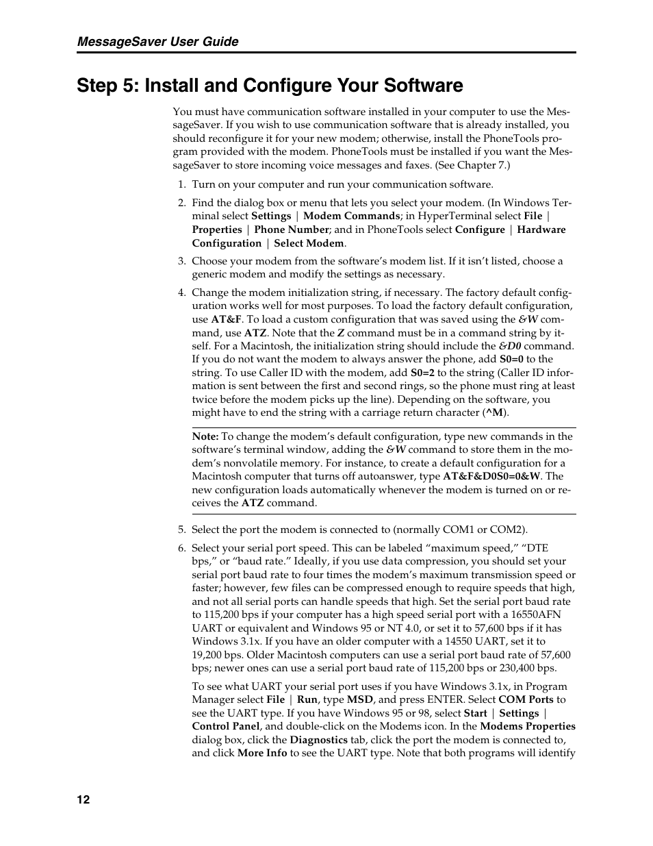 Step 5: install and configure your software, Baud rate, Communication programs | Storing, Configuring communication programs, Data terminal ready command, Default settings, Dte rate, Dtr control command, Initialization strings | Multi-Tech Systems MT5634MSV User Manual | Page 20 / 114