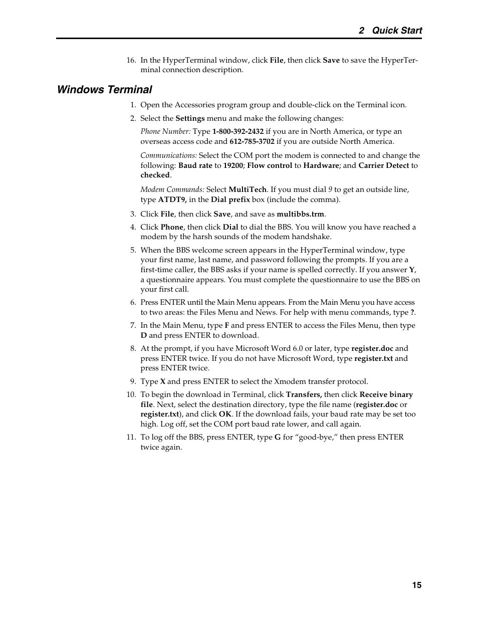 Windows terminal, Terminal program, 2 quick start | Multi-Tech Systems MT5634MSV User Manual | Page 23 / 114