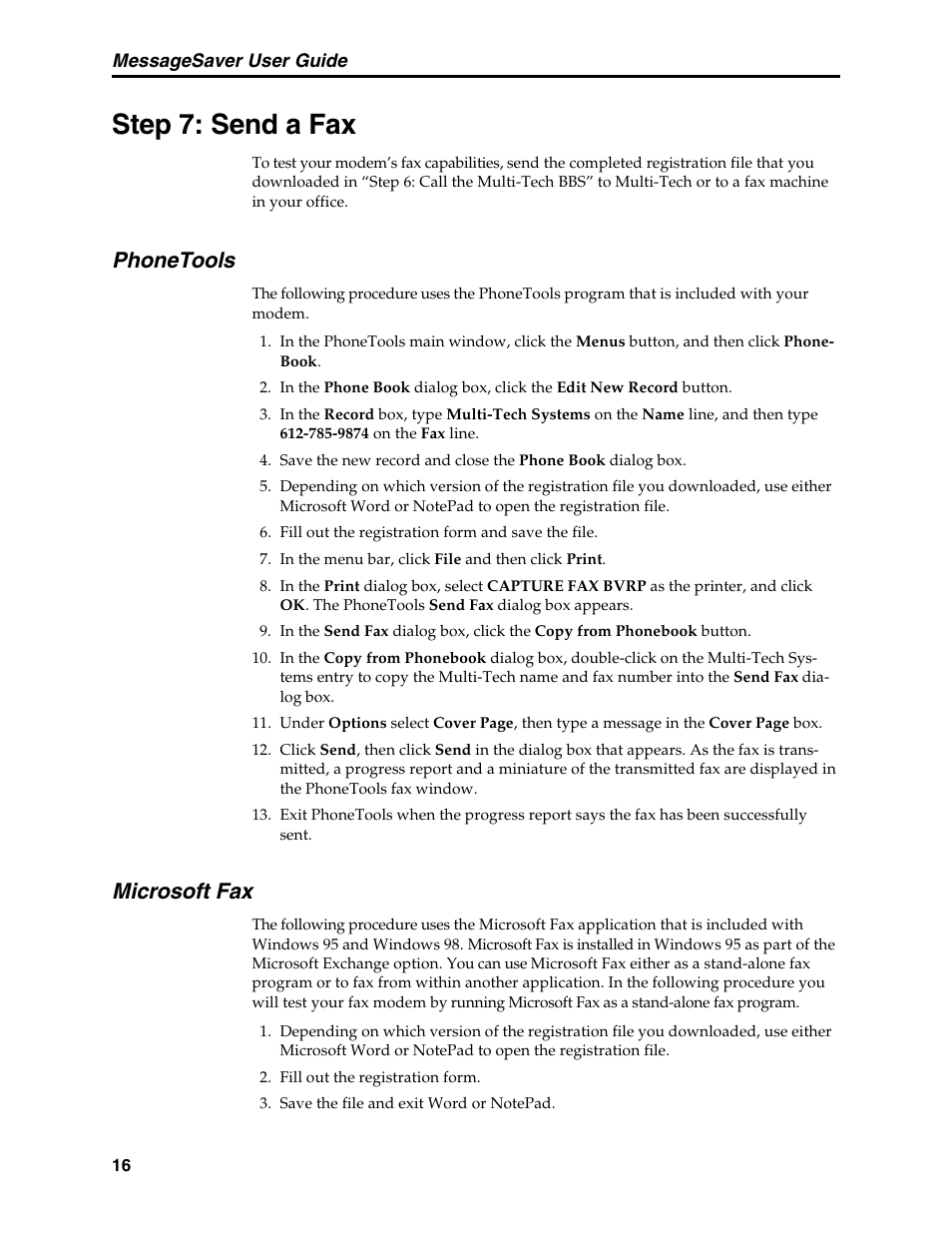 Step 7: send a fax, Phonetools, Microsoft fax | Fax communications, Fax test, Phonetools microsoft fax | Multi-Tech Systems MT5634MSV User Manual | Page 24 / 114