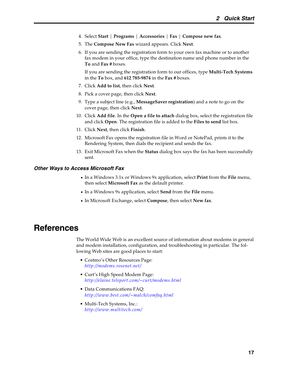 References, Reference materials, World wide web | 2 quick start | Multi-Tech Systems MT5634MSV User Manual | Page 25 / 114