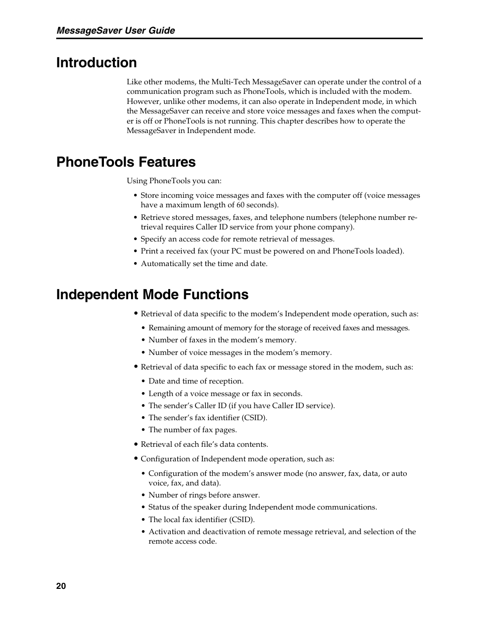 Chapter 3: messagesaver operation, Introduction, Phonetools features | Independent mode functions, Independent mode, Phonetools | Multi-Tech Systems MT5634MSV User Manual | Page 28 / 114