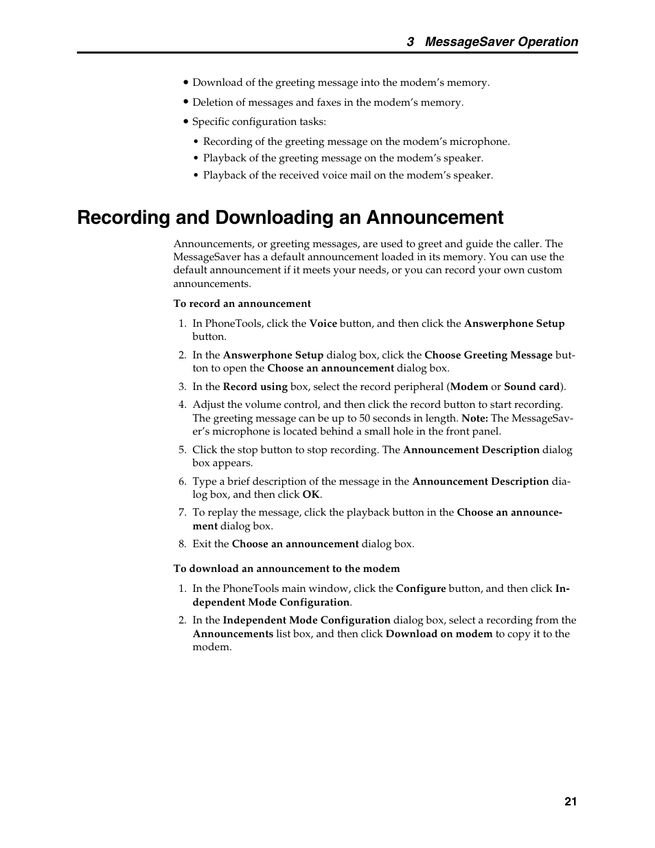 Recording and downloading an announcement, Downloading to modem, Recording | Downloading an announcement, Recording an announcement | Multi-Tech Systems MT5634MSV User Manual | Page 29 / 114