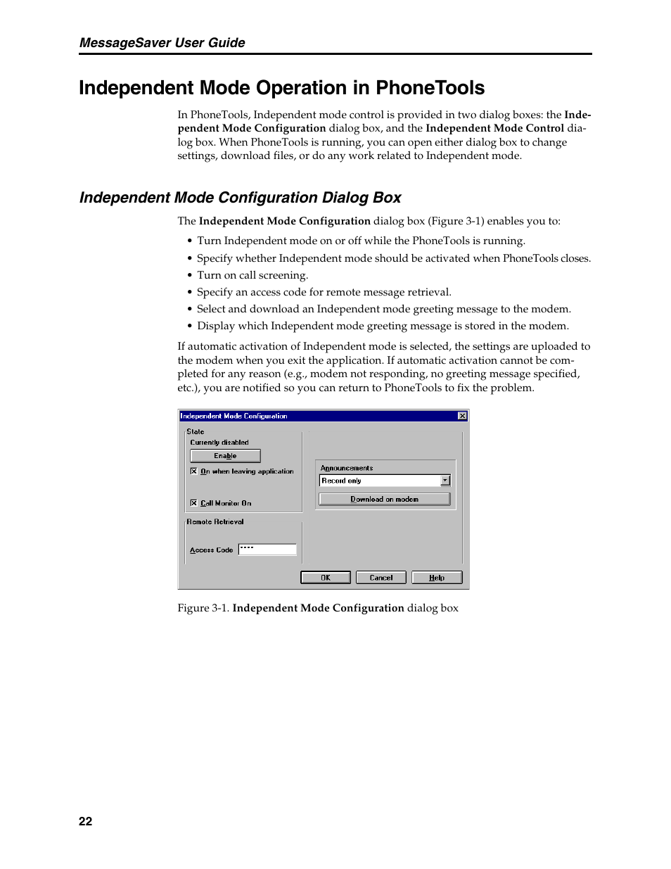 Independent mode operation in phonetools, Independent mode configuration dialog box | Multi-Tech Systems MT5634MSV User Manual | Page 30 / 114