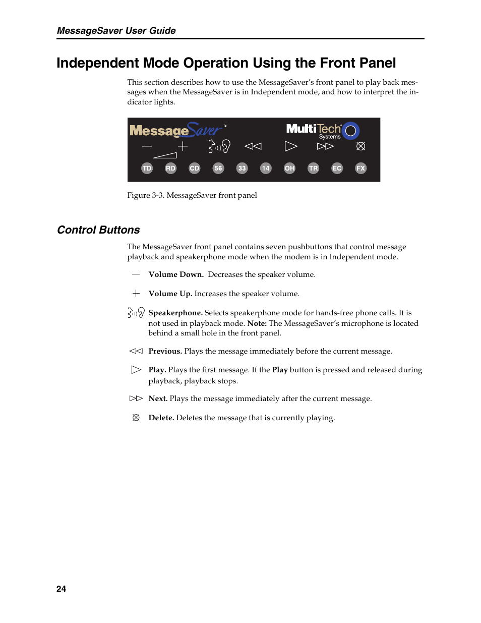 Independent mode operation using the front panel, Control buttons, Buttons, front panel | Front panel, Buttons, Front panel operation, Playback buttons, Pushbuttons | Multi-Tech Systems MT5634MSV User Manual | Page 32 / 114