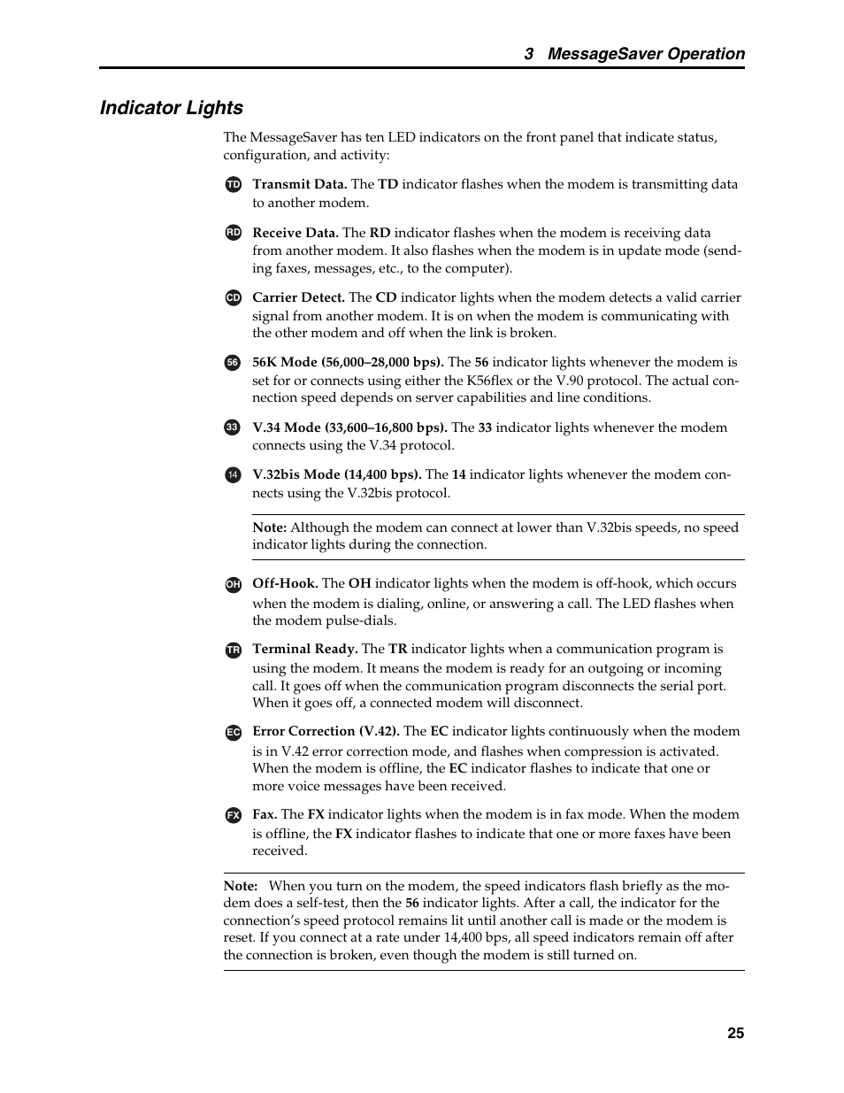 Indicator lights, Indicators, Led indicators | 3 messagesaver operation | Multi-Tech Systems MT5634MSV User Manual | Page 33 / 114