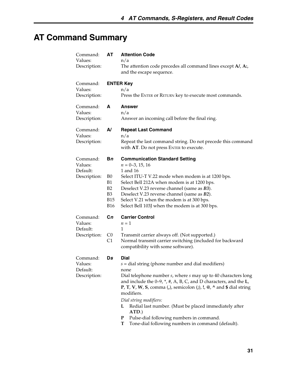 At command summary, Answer command, Descriptions | Attention code, Bell 212a mode, Carrier control command, Communication standard command, Dial command, Dial string modifiers, Enter key | Multi-Tech Systems MT5634MSV User Manual | Page 39 / 114