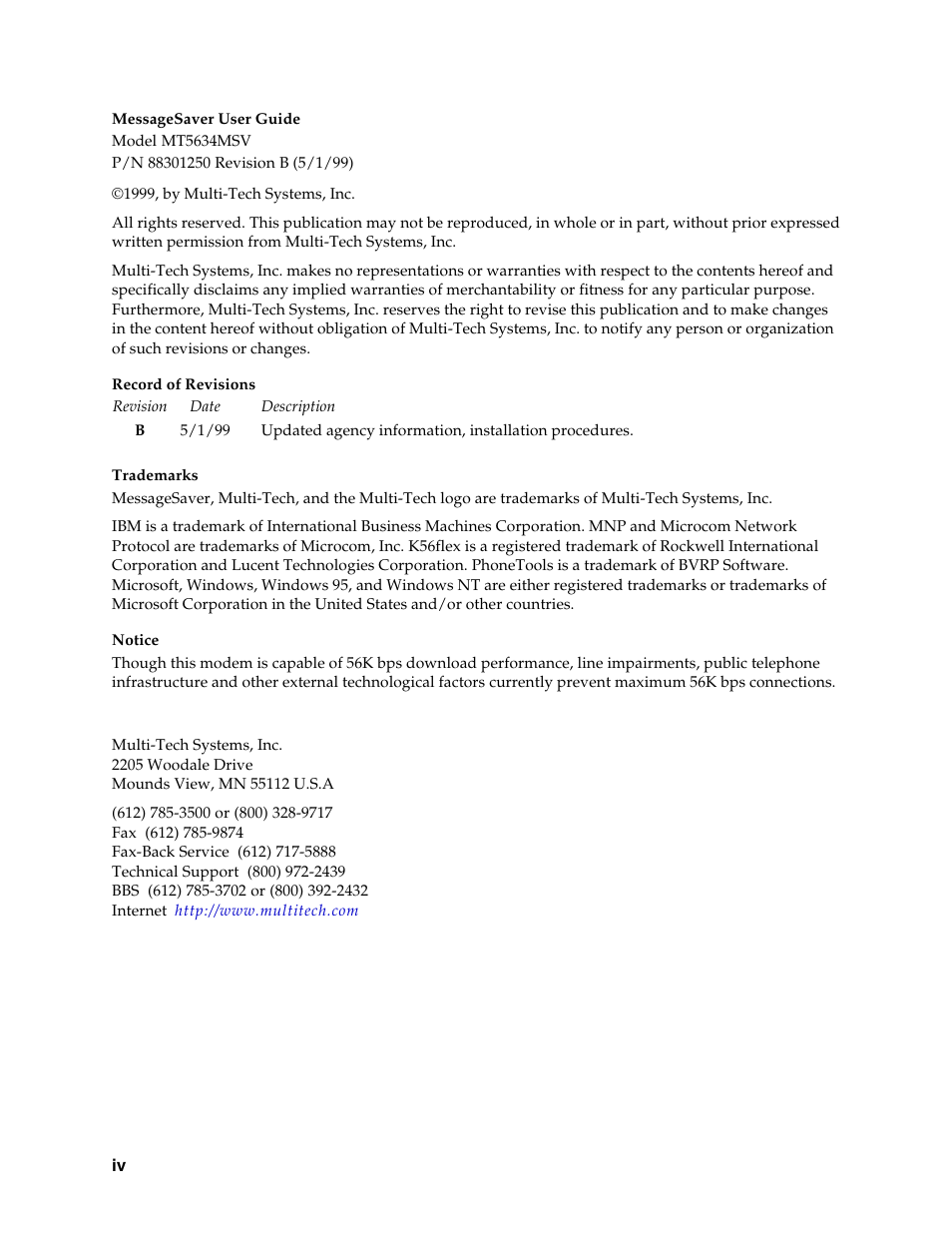 Multi-Tech Systems MT5634MSV User Manual | Page 4 / 114