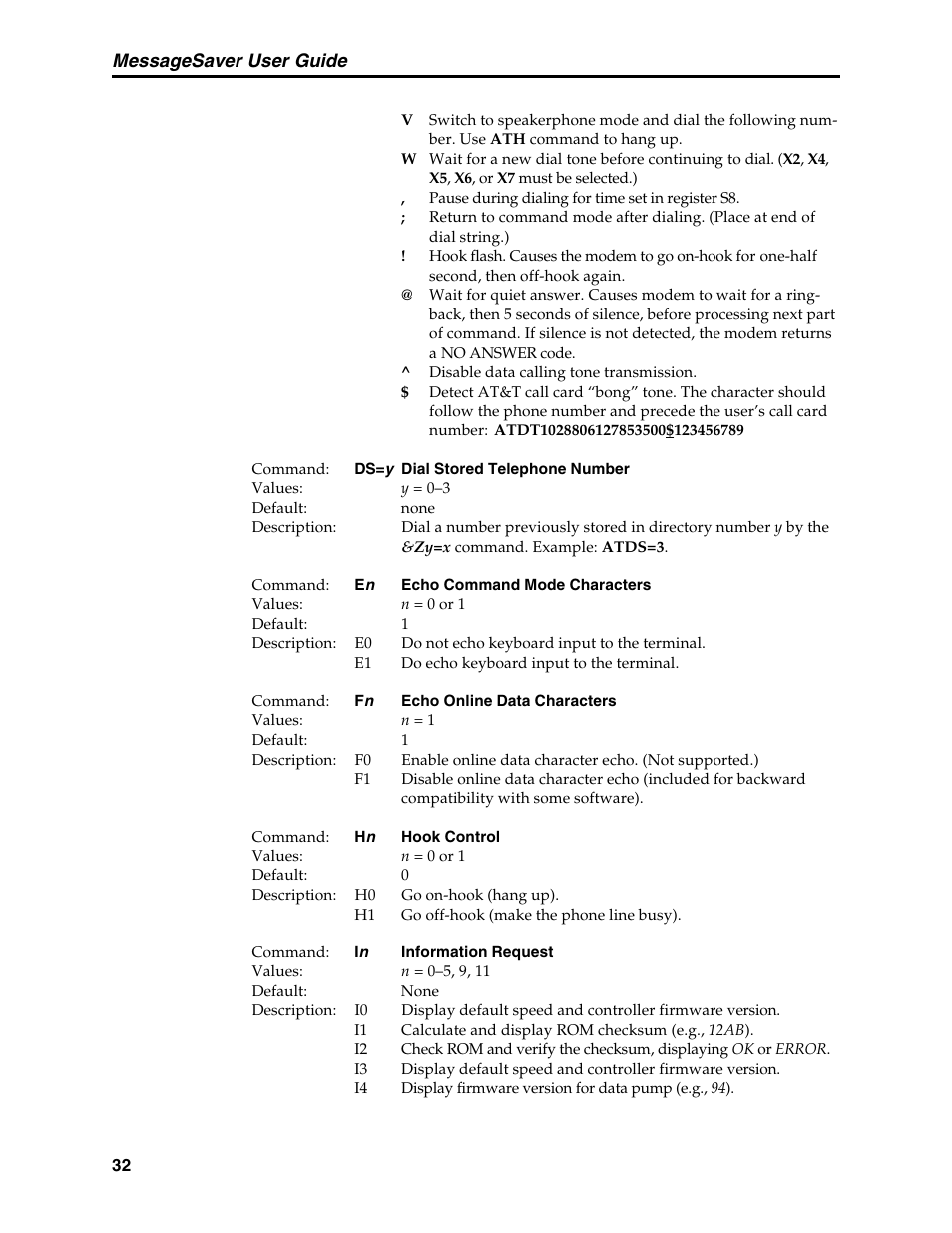 Dial stored telephone number command, Echo command mode characters command, Echo online data characters command | Version, Hangup command, Hook control command, Information request command, On-hook/off-hook, Rom checksum, Messagesaver user guide | Multi-Tech Systems MT5634MSV User Manual | Page 40 / 114