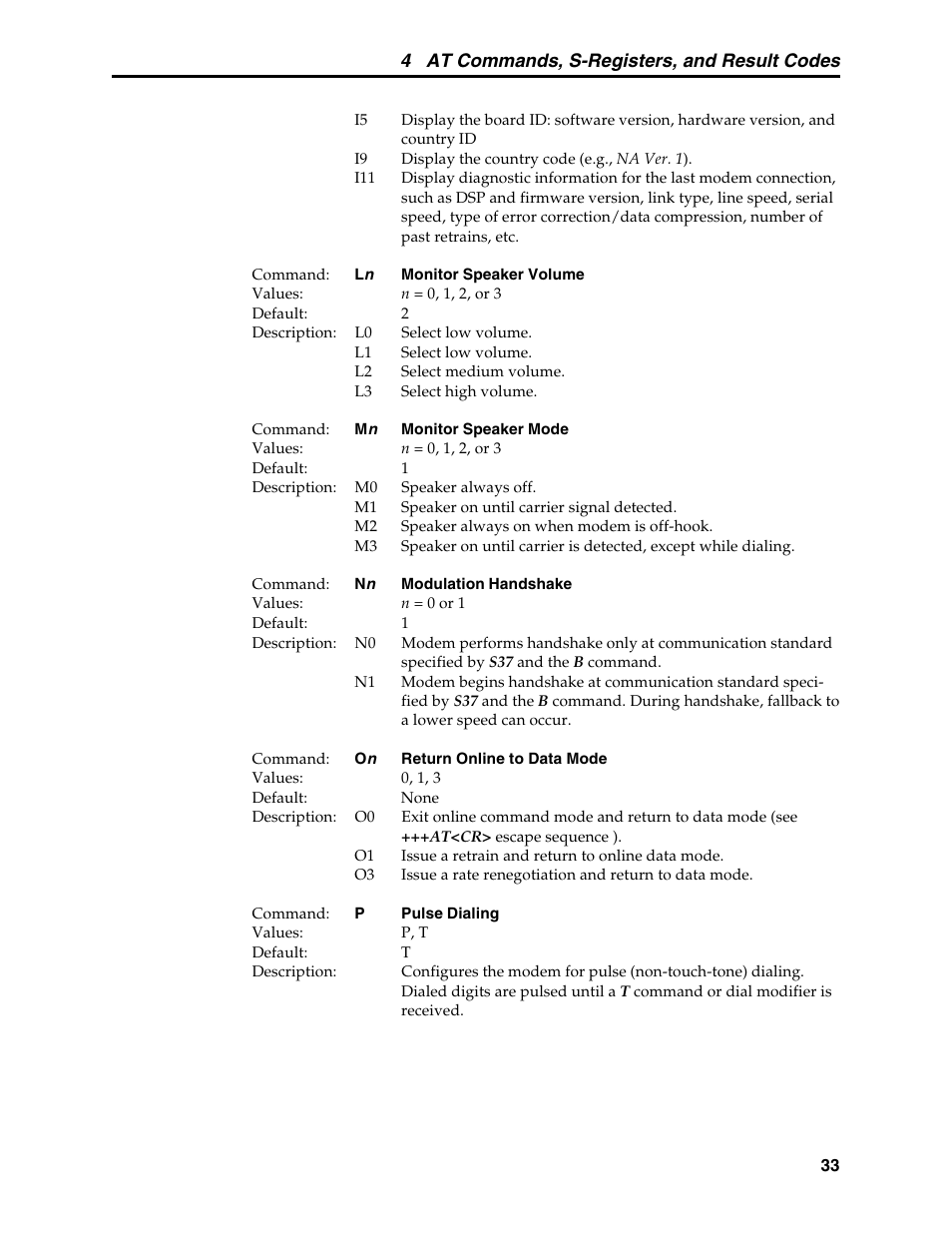 Country code, displaying, Diagnostic information, displaying, Fallback | Handshake, Modulation handshake command, Monitor speaker mode command, Monitor speaker volume command, Pulse dialing command, Return online to data mode command, Speaker mode command | Multi-Tech Systems MT5634MSV User Manual | Page 41 / 114