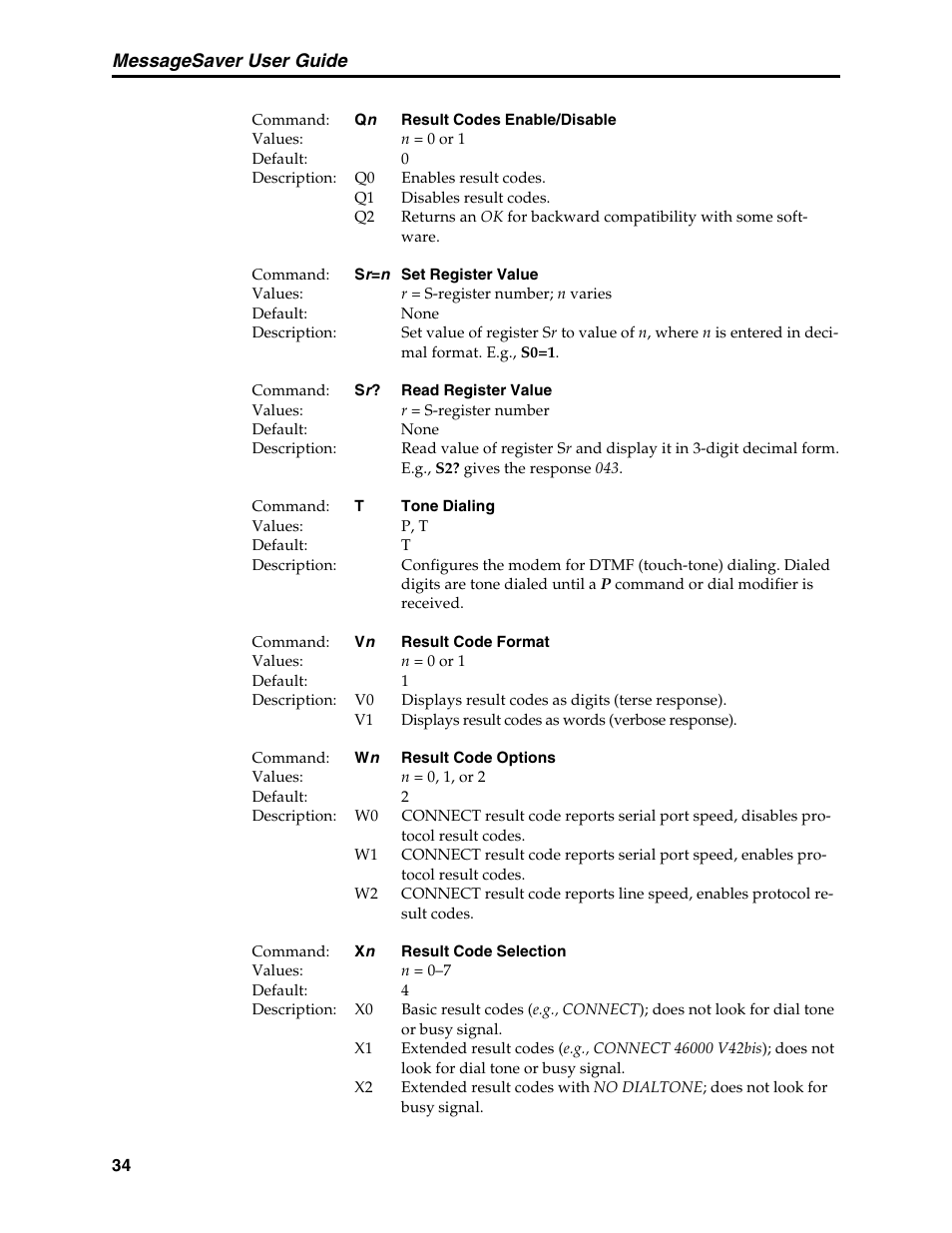 Read register value command, Result code format command, Result code options command | Result code selection command, Result codes enable/disable command, Reading, Setting, Set register value command, Tone dialing command, Messagesaver user guide | Multi-Tech Systems MT5634MSV User Manual | Page 42 / 114