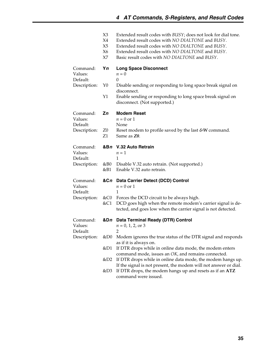 Data carrier detect command, Dcd control command, Long space disconnect command | Retrain, V.32 auto retrain command, 4 at commands, s-registers, and result codes | Multi-Tech Systems MT5634MSV User Manual | Page 43 / 114