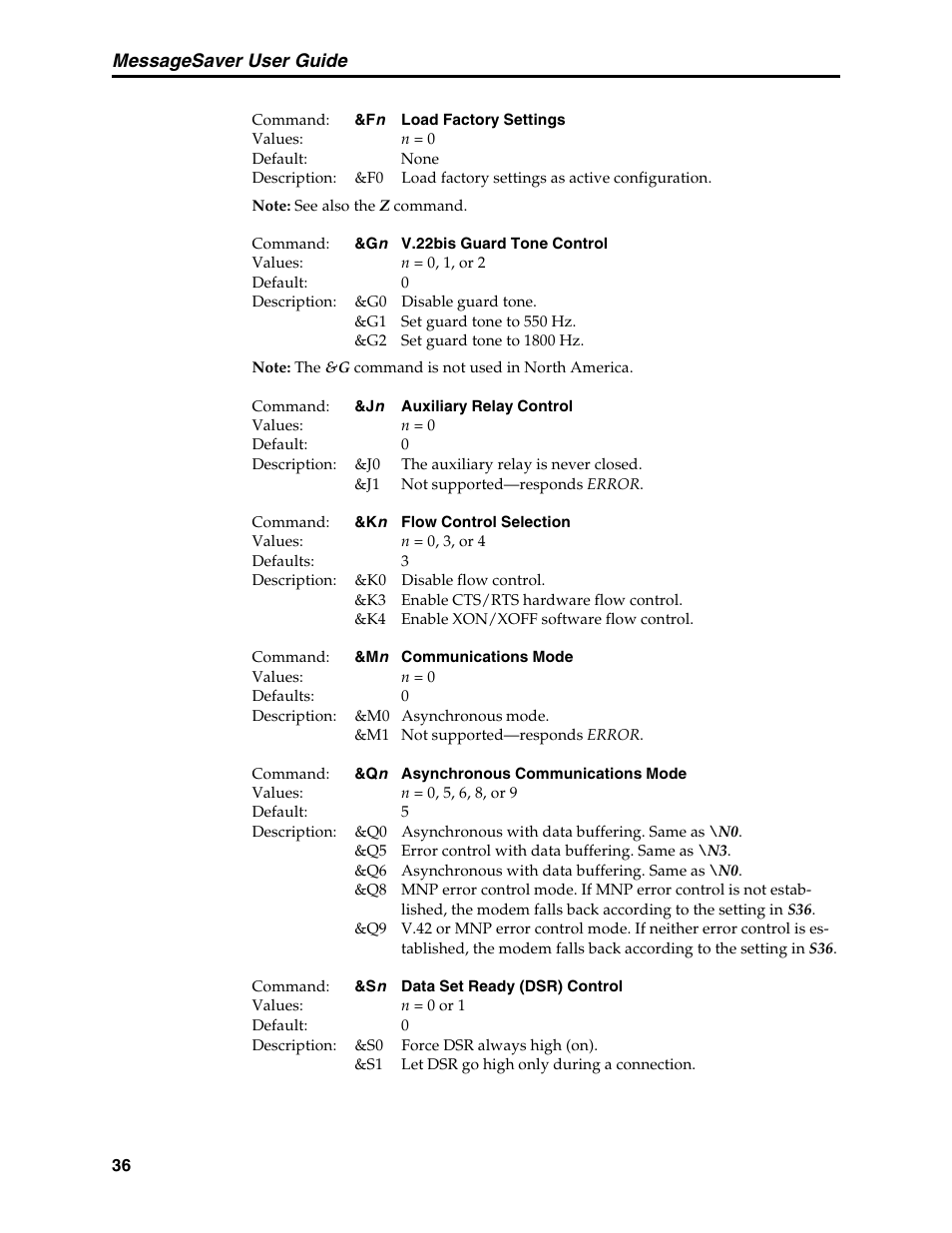 Asynchronous communications mode command, Auxiliary relay control command, Communications mode command | Data buffering, Data set ready control command, Dsr control command, Flow control, Flow control selection command, Guard tone control command, Speed conversion (data buffer) | Multi-Tech Systems MT5634MSV User Manual | Page 44 / 114