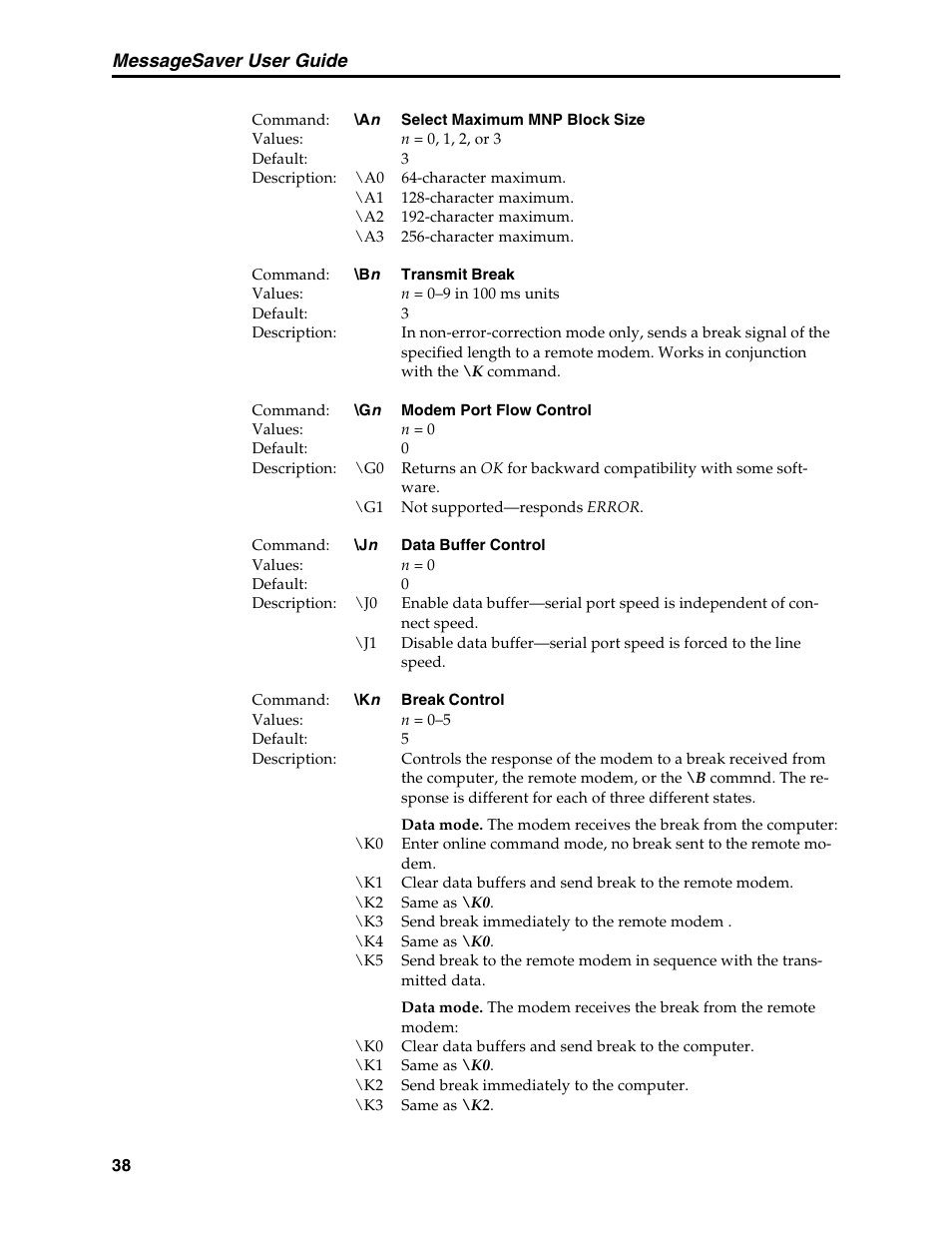 Break control command, Break signal, Data buffer control command | Modem port flow control command, Select maximum mnp block size command, Transmit break command, Messagesaver user guide | Multi-Tech Systems MT5634MSV User Manual | Page 46 / 114