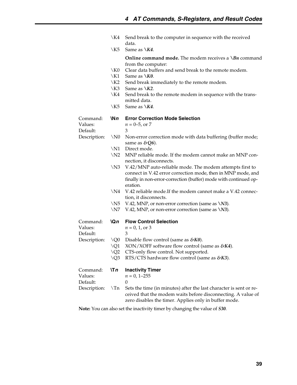 Error correction mode selection command, Inactivity timer command, Mnp error correction | V.42 error correction, 4 at commands, s-registers, and result codes | Multi-Tech Systems MT5634MSV User Manual | Page 47 / 114