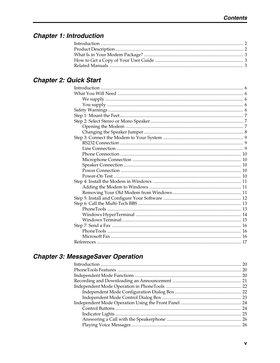 Chapter 1: introduction, Chapter 2: quick start, Chapter 3: messagesaver operation | Multi-Tech Systems MT5634MSV User Manual | Page 5 / 114