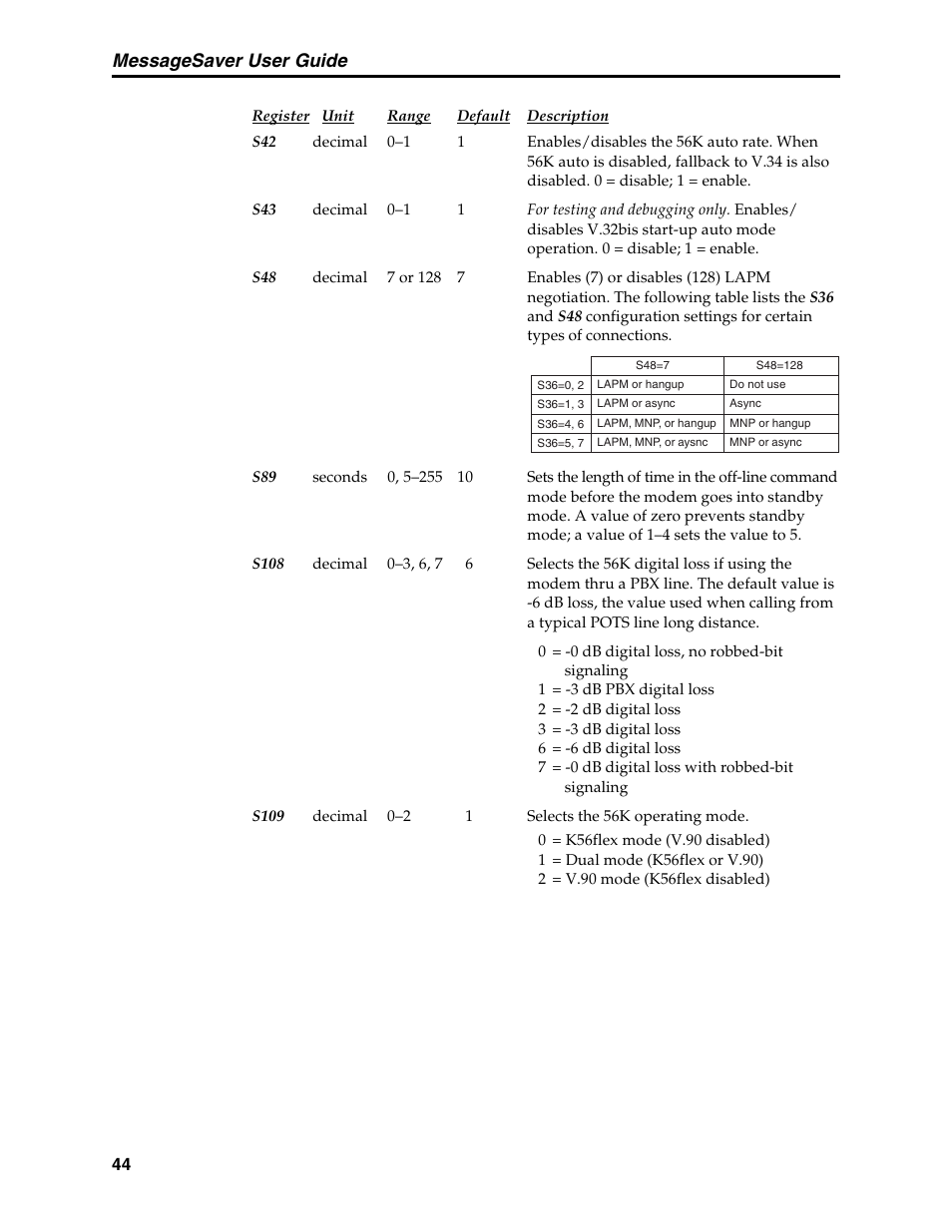 Digital loss when used with pbx, Disabling the auto rate, S108 | Standby mode delay time, V.32bis start-up auto mode, disabling, Messagesaver user guide | Multi-Tech Systems MT5634MSV User Manual | Page 52 / 114