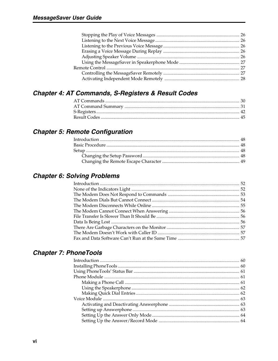 Chapter 4: at commands, s-registers & result codes, Chapter 5: remote configuration, Chapter 6: solving problems | Chapter 7: phonetools | Multi-Tech Systems MT5634MSV User Manual | Page 6 / 114
