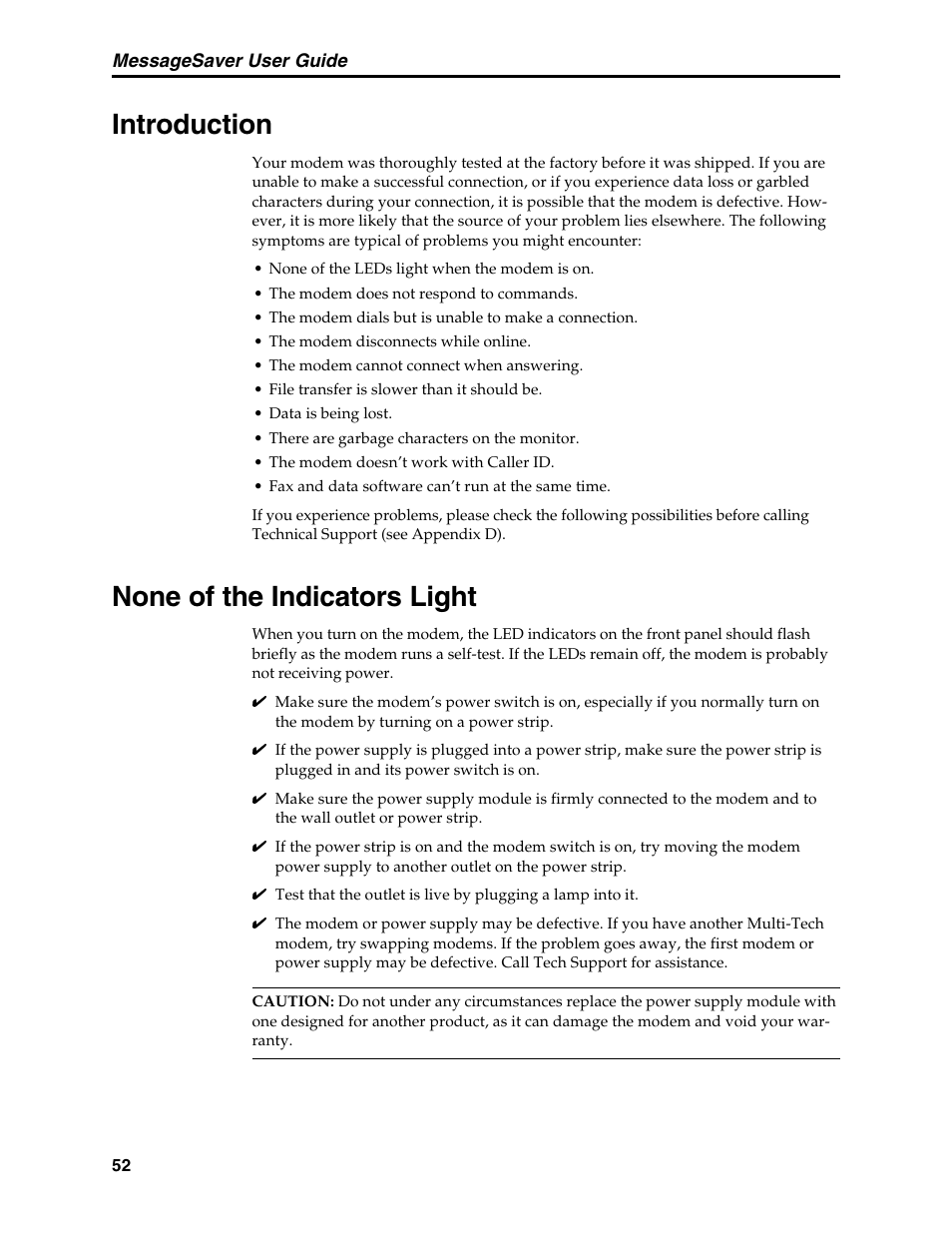Chapter 6: solving problems, Introduction, None of the indicators light | Supply, Solving problems, Self-test, Troubleshooting, Introduction none of the indicators light | Multi-Tech Systems MT5634MSV User Manual | Page 60 / 114