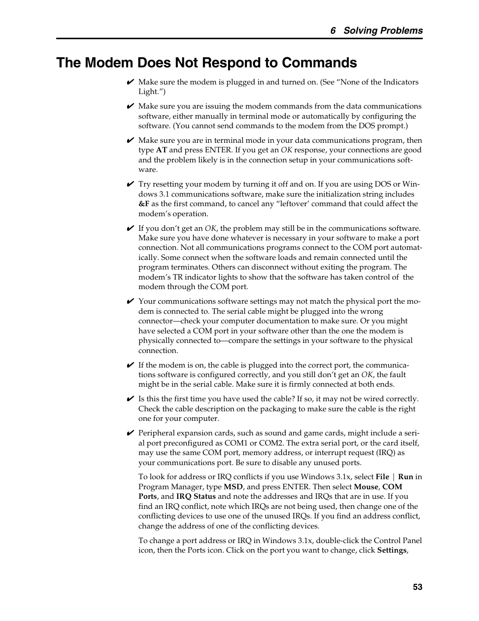 The modem does not respond to commands, Serial cable, Serial port | Terminal mode, Windows 3.1 | Multi-Tech Systems MT5634MSV User Manual | Page 61 / 114