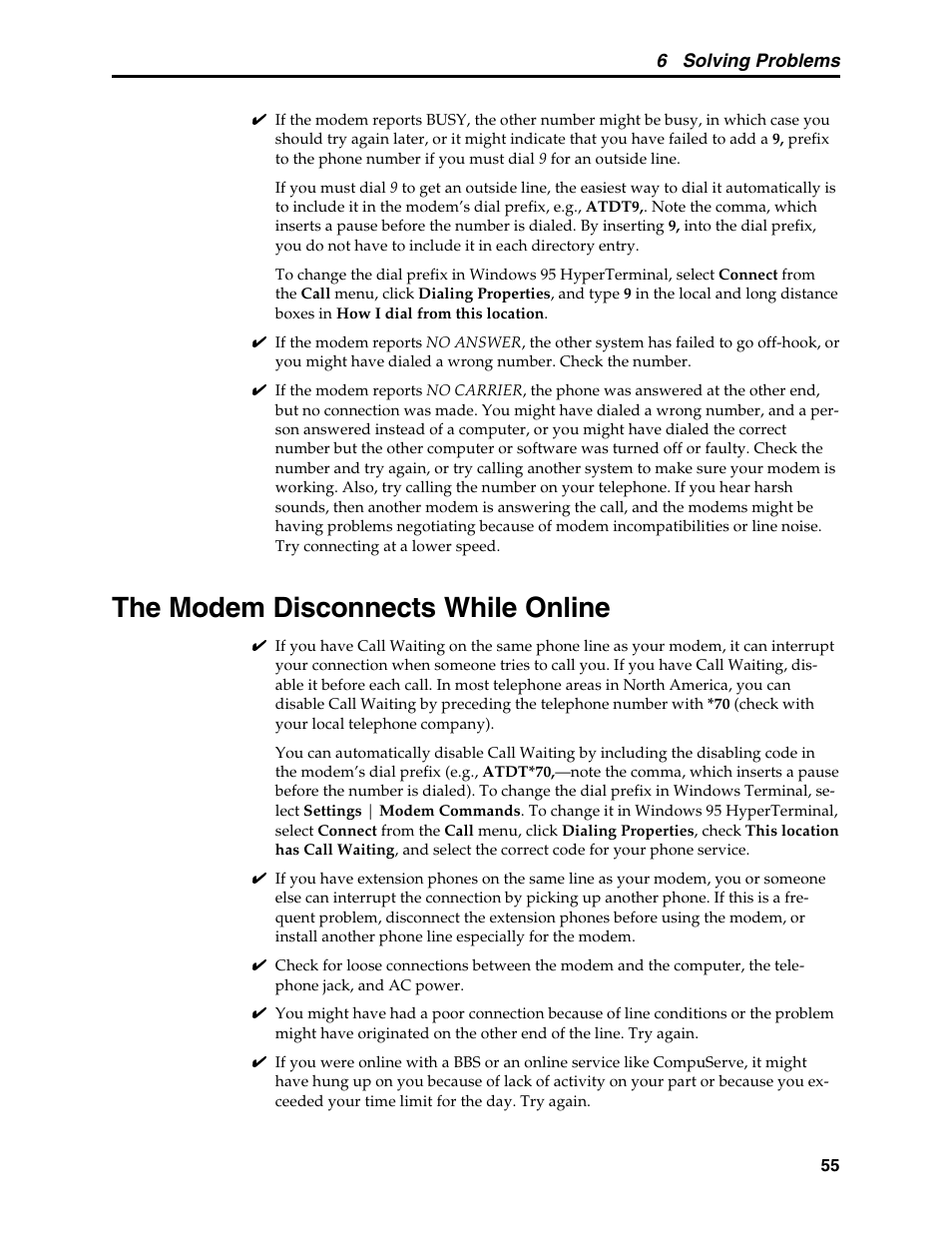The modem disconnects while online, Call waiting | Multi-Tech Systems MT5634MSV User Manual | Page 63 / 114