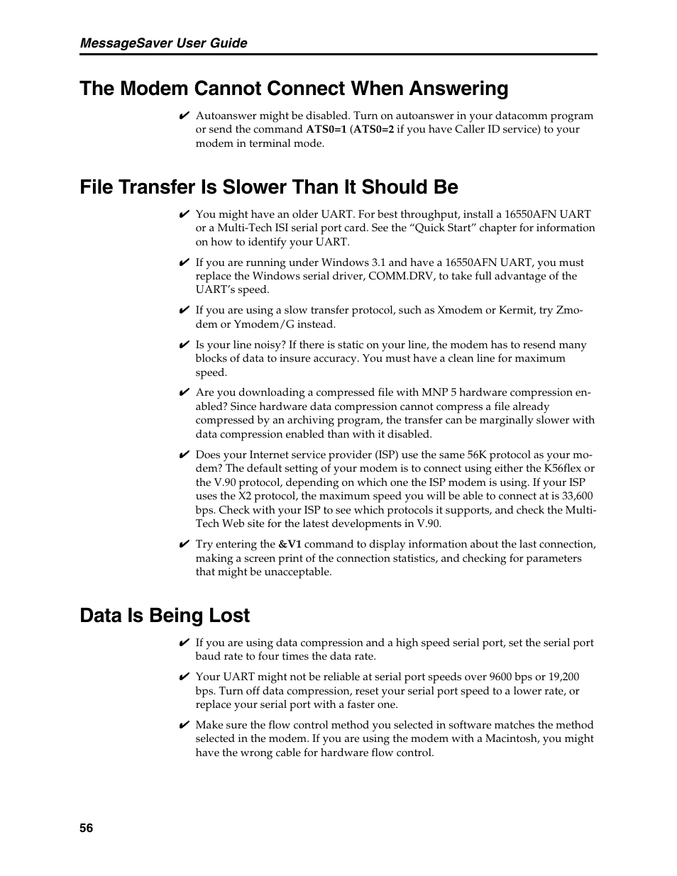 The modem cannot connect when answering, File transfer is slower than it should be, Data is being lost | Comm.drv, Compression, data, Data compression, Lost data, Protocols, Xmodem, Ymodem/g protocol | Multi-Tech Systems MT5634MSV User Manual | Page 64 / 114