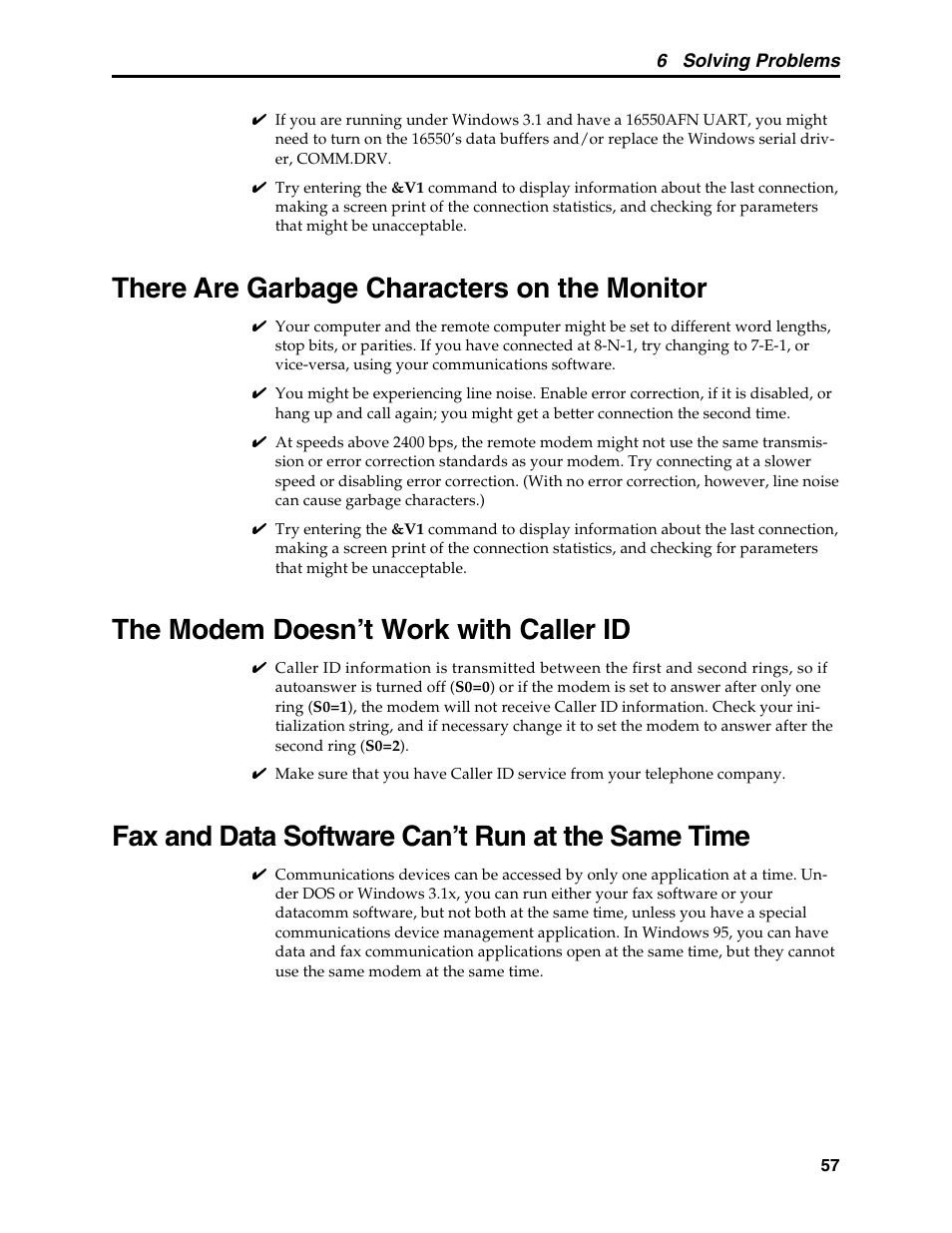 There are garbage characters on the monitor, The modem doesn't work with caller id, Fax and data software can't run at the same time | Garbage characters, The modem doesn’t work with caller id, Fax and data software can’t run at the same time | Multi-Tech Systems MT5634MSV User Manual | Page 65 / 114