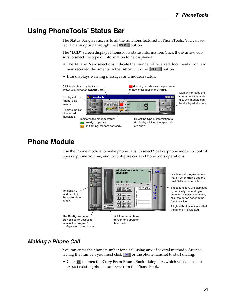 Using phonetools' status bar, Phone module, Making a phone call | Status bar, Using phonetools’ status bar phone module, Using phonetools’ status bar, 7 phonetools | Multi-Tech Systems MT5634MSV User Manual | Page 69 / 114