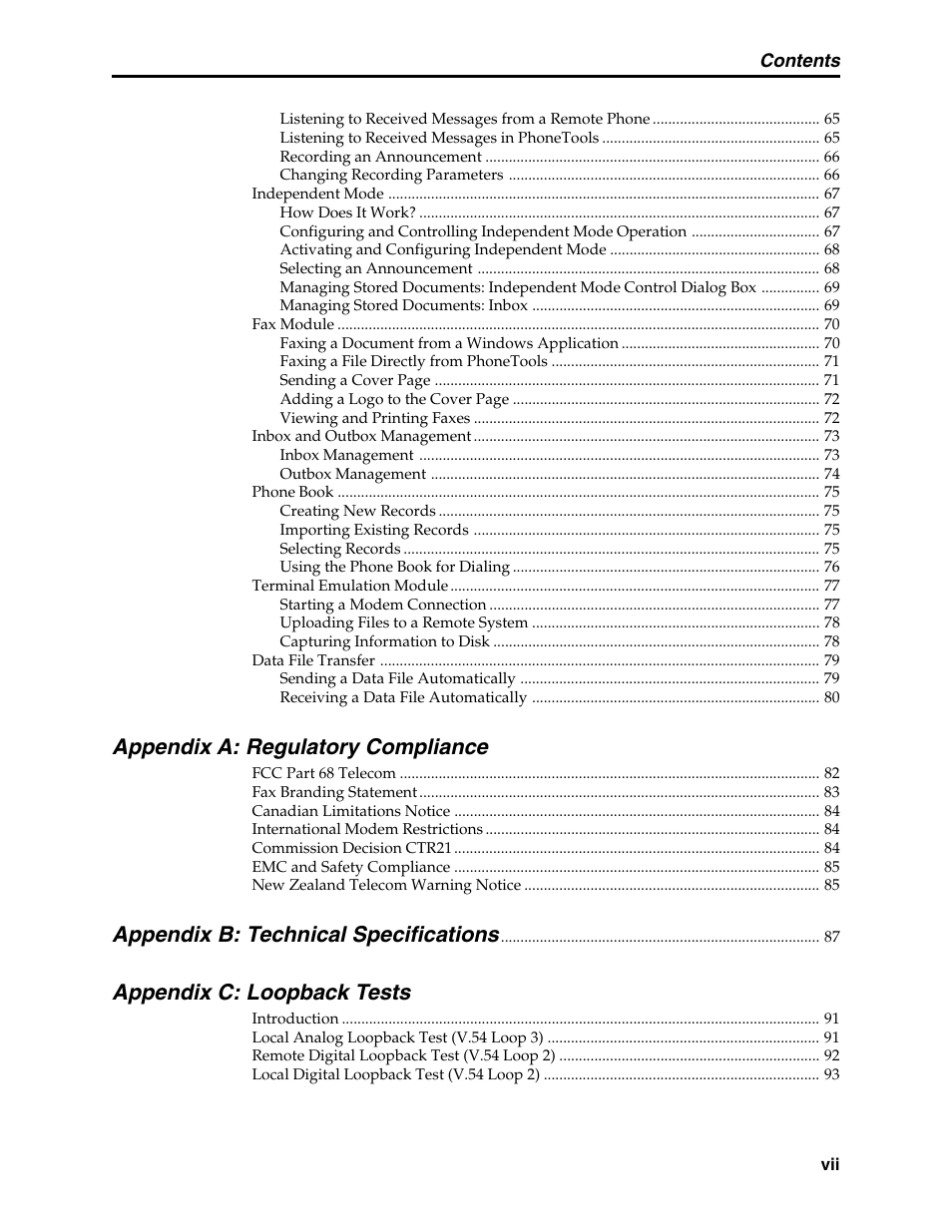 Appendix a: regulatory compliance, Appendix b: technical specifications, Appendix c: loopback tests | Multi-Tech Systems MT5634MSV User Manual | Page 7 / 114